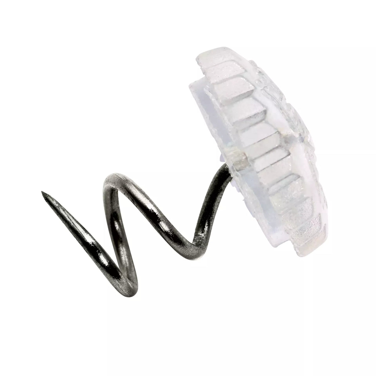 Silver-coloured spiral-shaped loose cover pin with a transparent toothed plastic cap.
