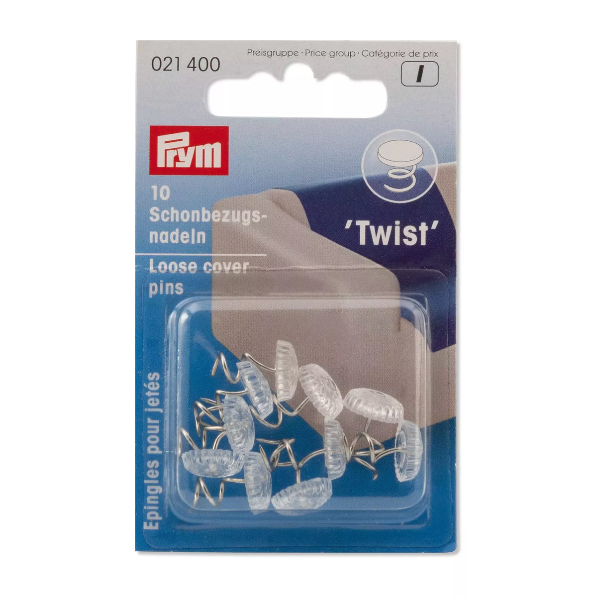 Prym Loose cover pins 'Twist', 10 silver-coloured spiral pins with transparent plastic caps.