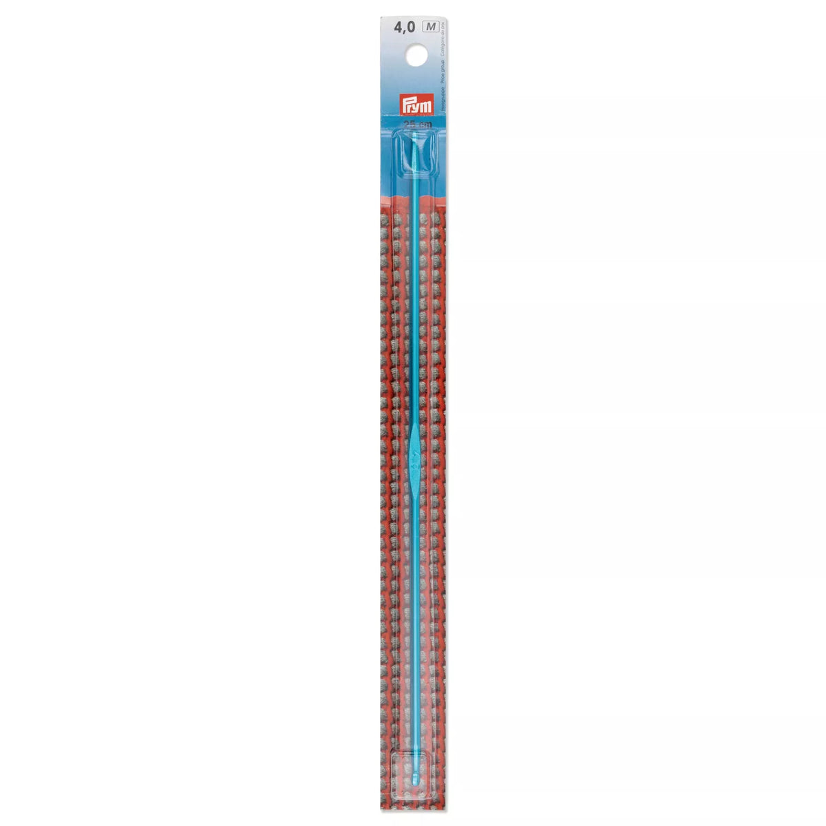 Turquoise 4.0mm double-sided Tunisian crochet hook, 25cm long, in Prym packaging.