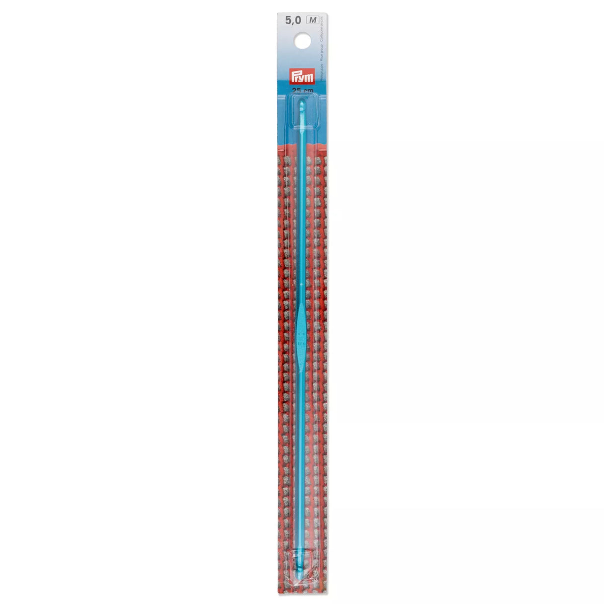 Prym 5.0mm double-sided Tunisian crochet hook in turquoise aluminum, 25cm long in packaging.