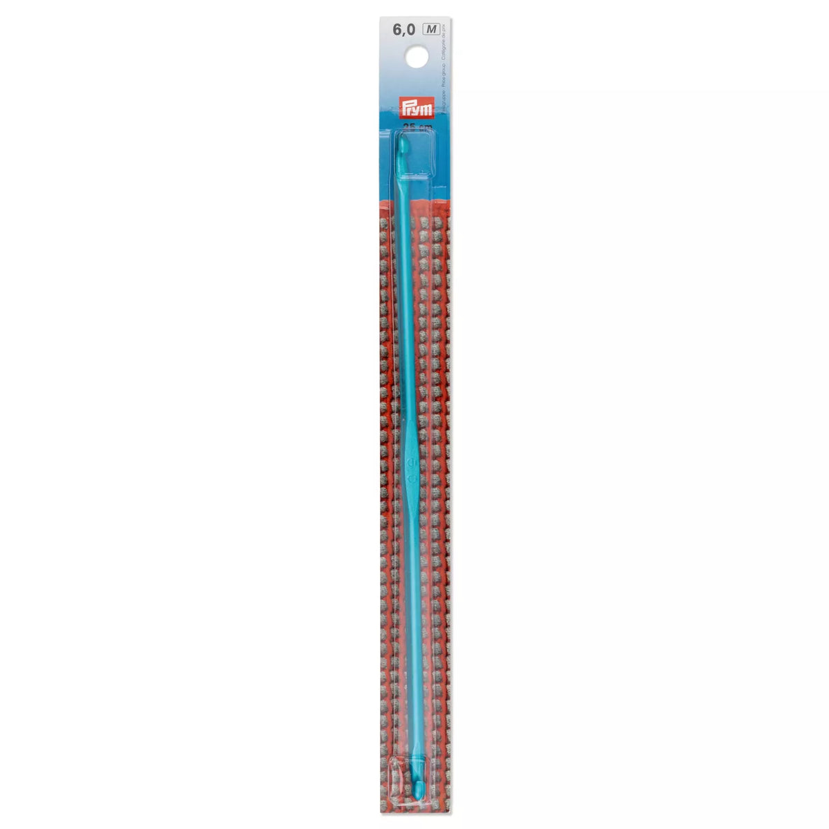 Turquoise 25cm double-sided Tunisian crochet hook in 6.0mm size, packaged on a Prym card.