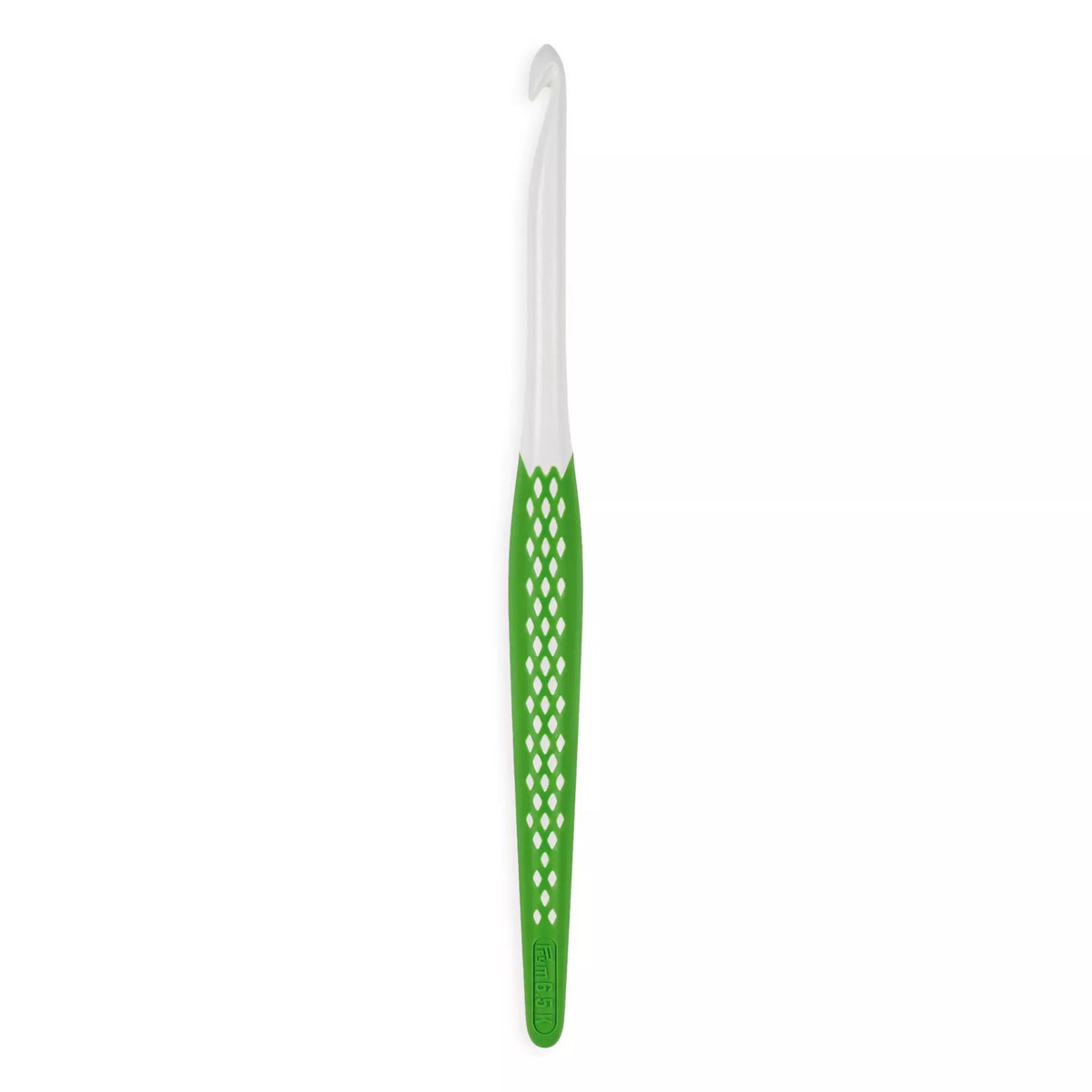 Prym Ergonomics 6.5mm green and white crochet hook for wool with a textured non-slip handle.
