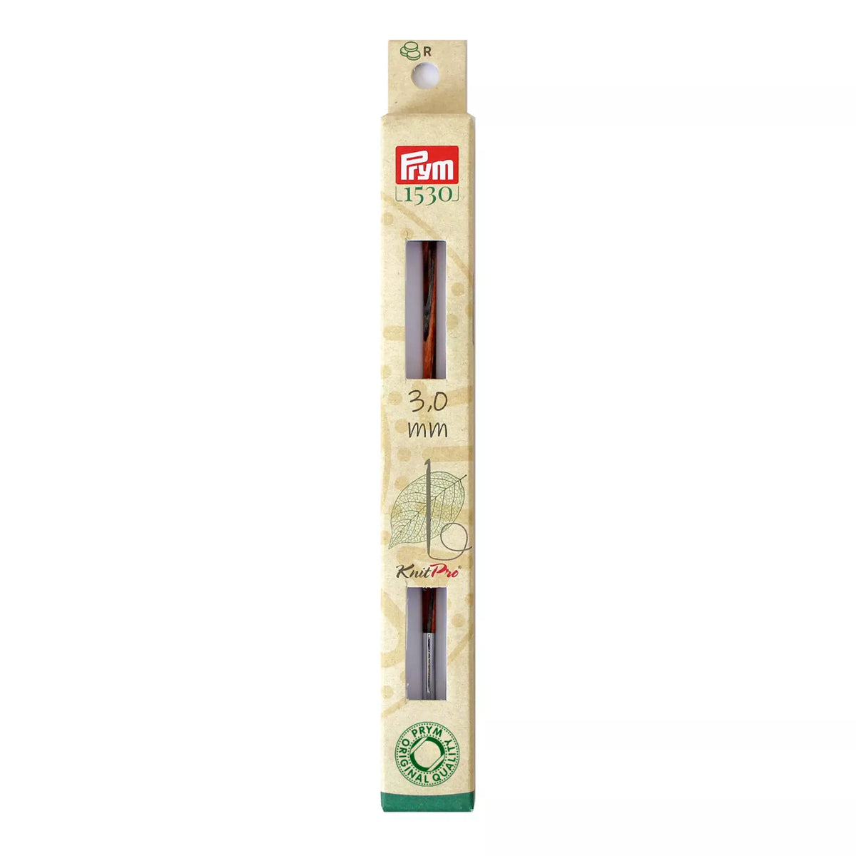 Prym Natural 3.0mm Tunisian crochet hook tip in plastic-free cardboard packaging.