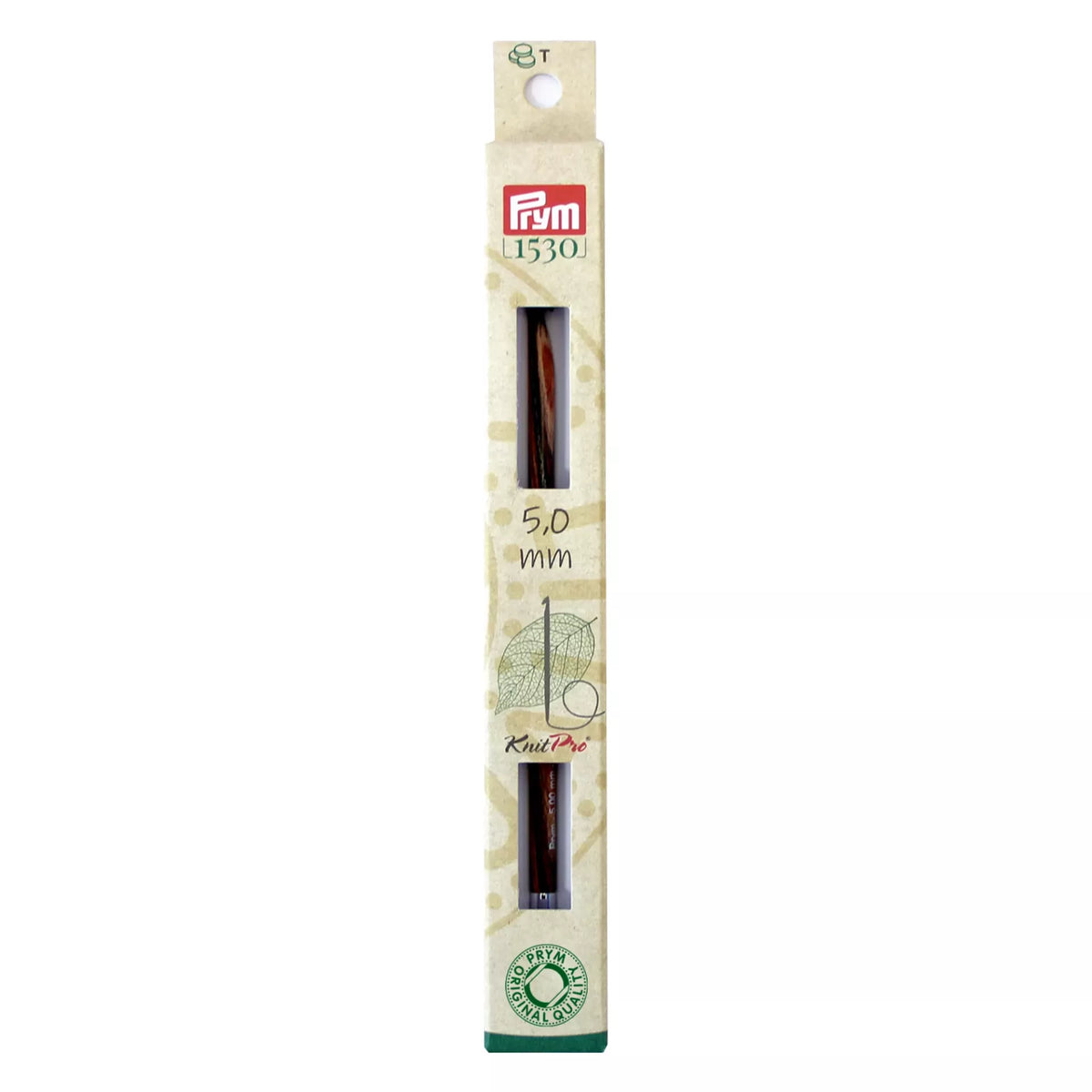 Prym Natural 5.0mm Tunisian crochet hook tip in plastic-free packaging.