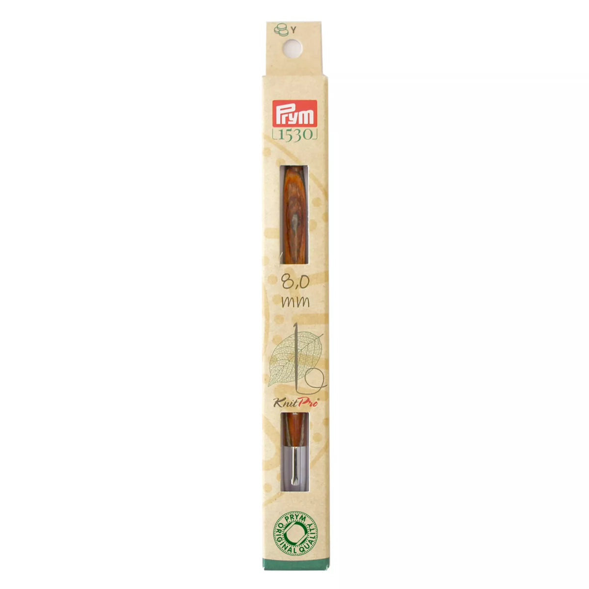 Prym Natural 8.0mm Tunisian crochet hook tip in plastic-free cardboard packaging.