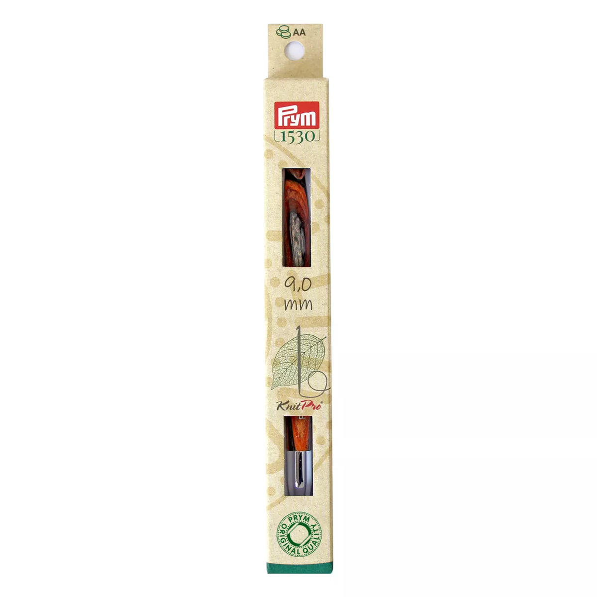 Prym Natural 9.0mm Tunisian crochet hook tip in plastic-free cardboard packaging.