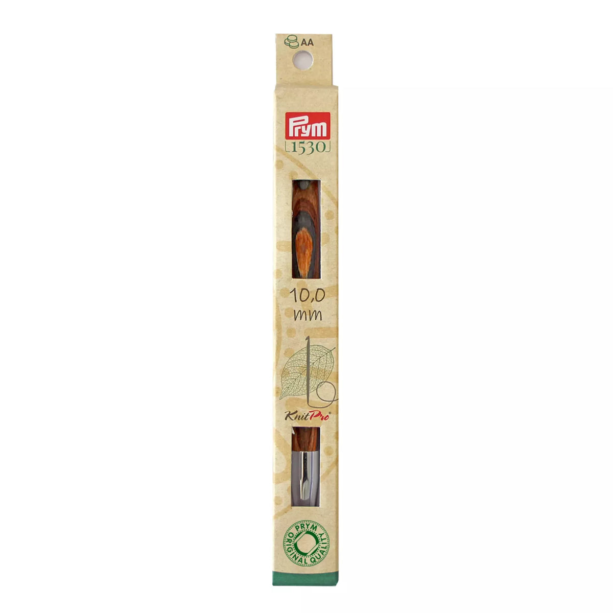Prym Natural 10.0mm Tunisian crochet hook tip in plastic-free cardboard packaging.
