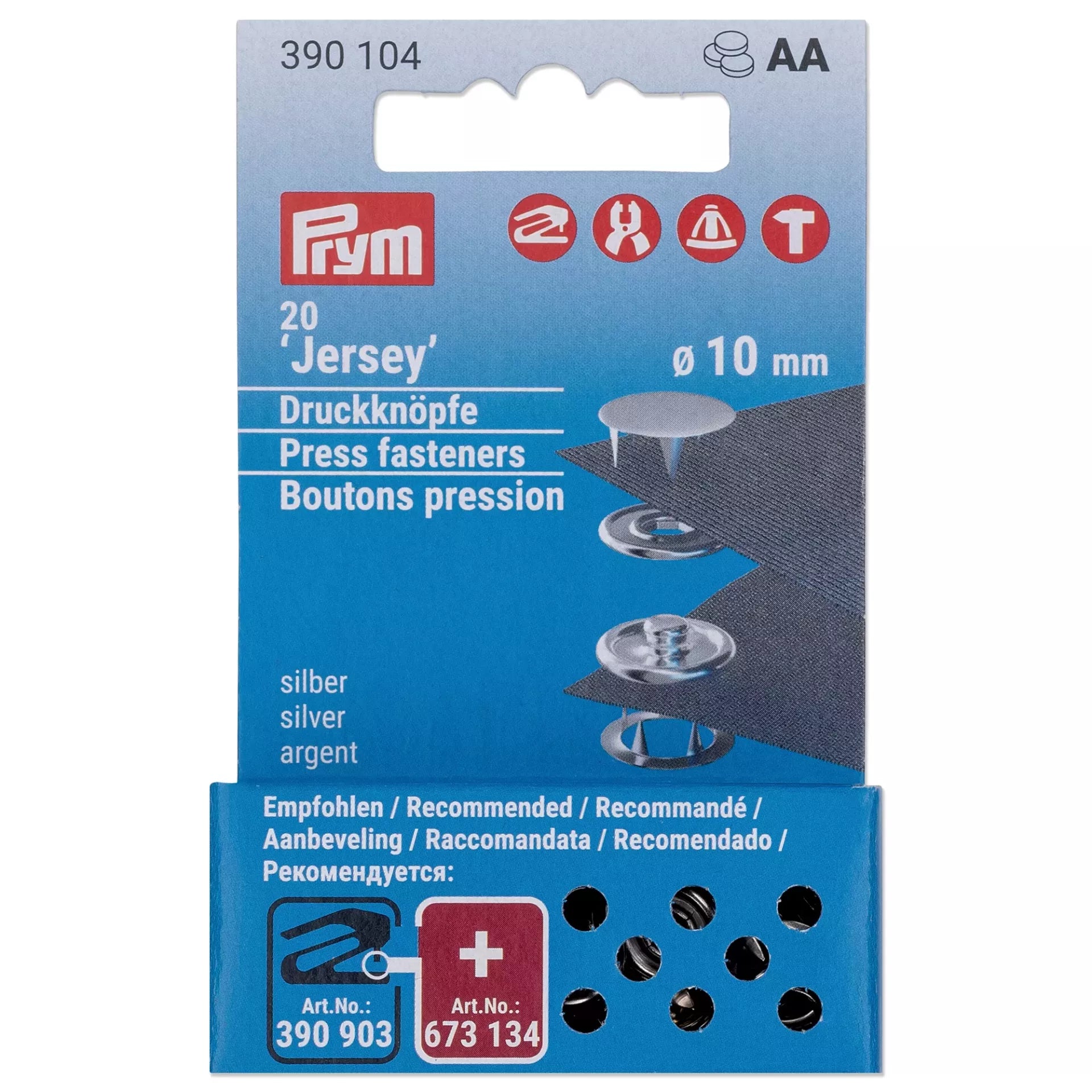 Prym Jersey non-sew refill pack with 20 silver-coloured 10mm press fasteners for stretchy fabrics.