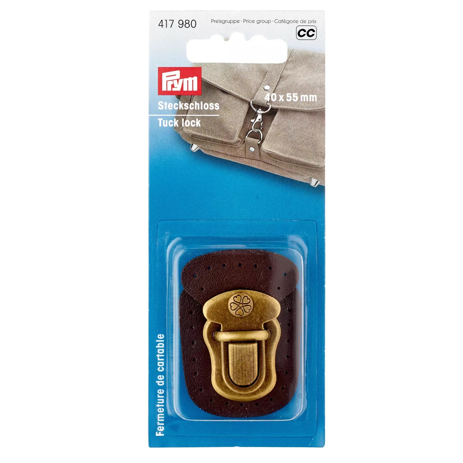 Prym tuck lock for sewing with brown imitation leather and antique brass metal hardware.