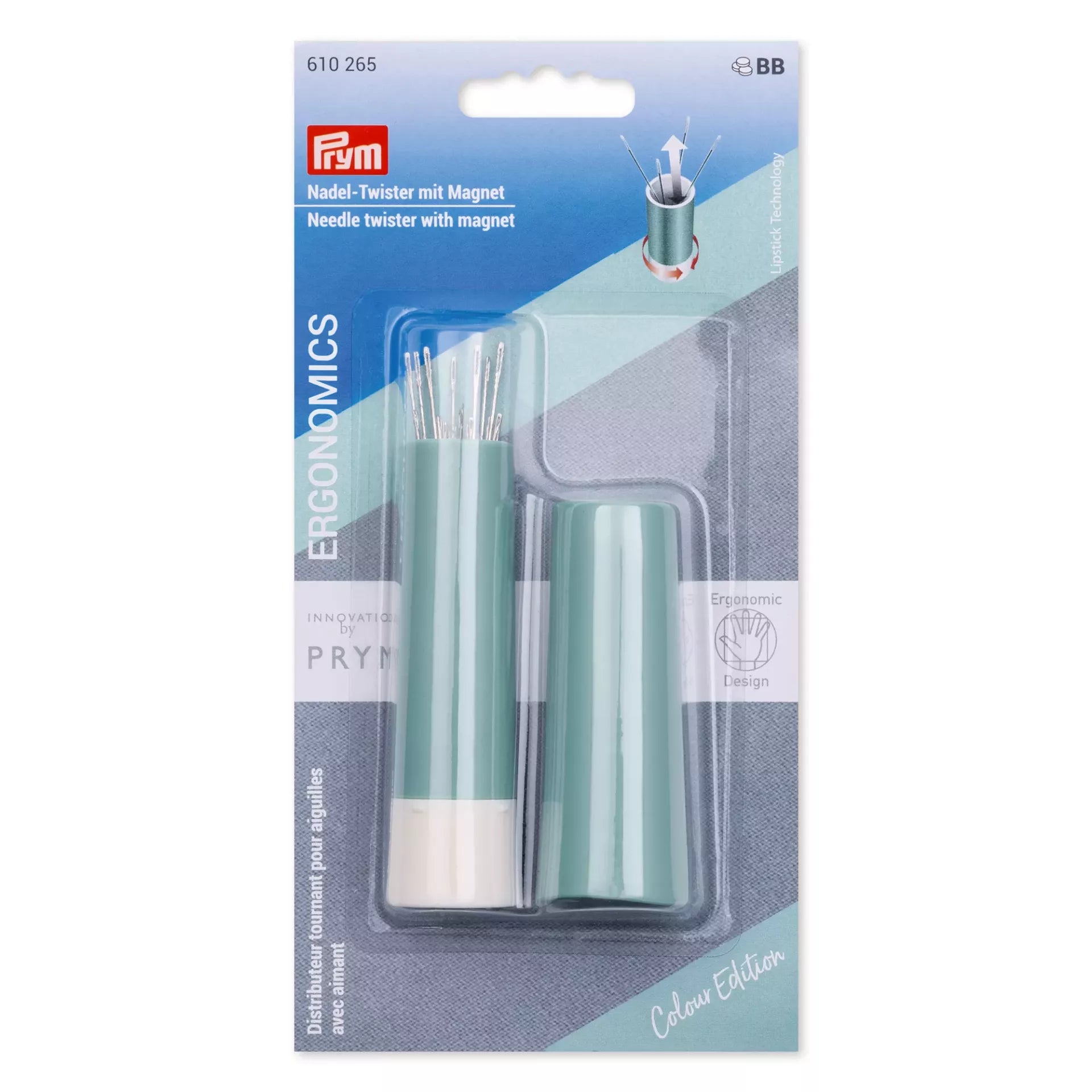 Prym ergonomics needle twister in sage green with 19 sewing and darning needles in packaging.