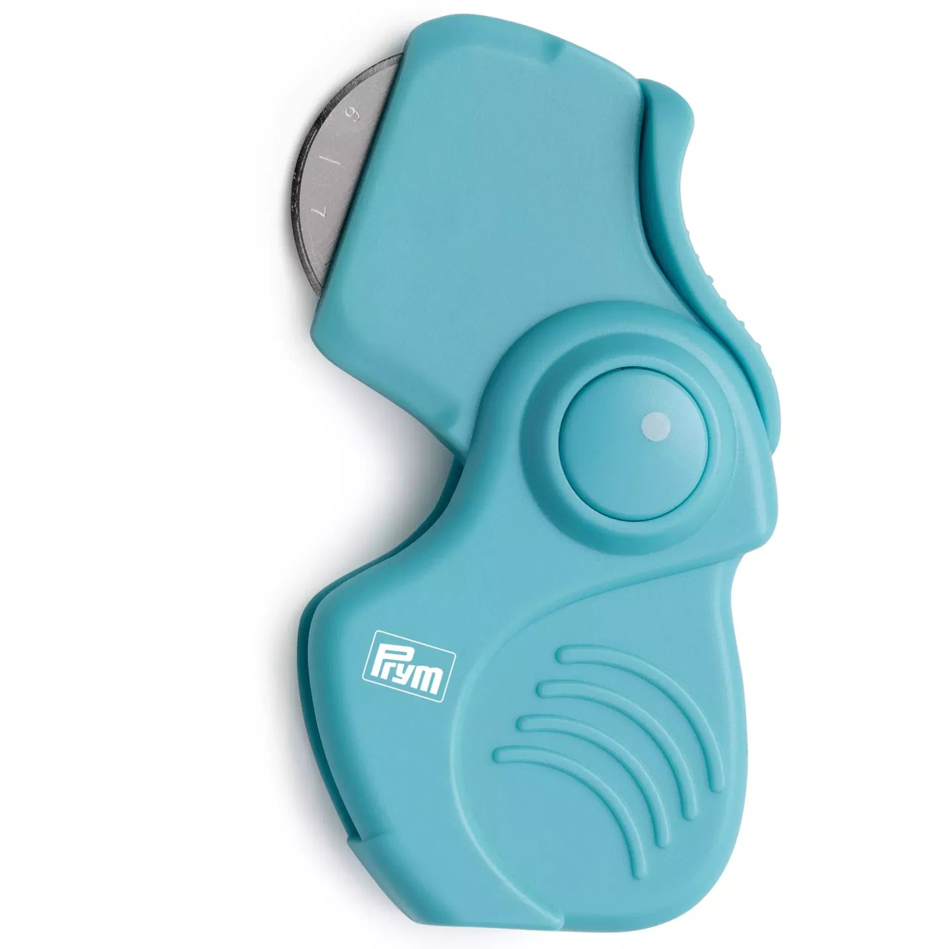 Prym Love Mint folding rotary cutter with a stainless steel blade and a compact turquoise body.