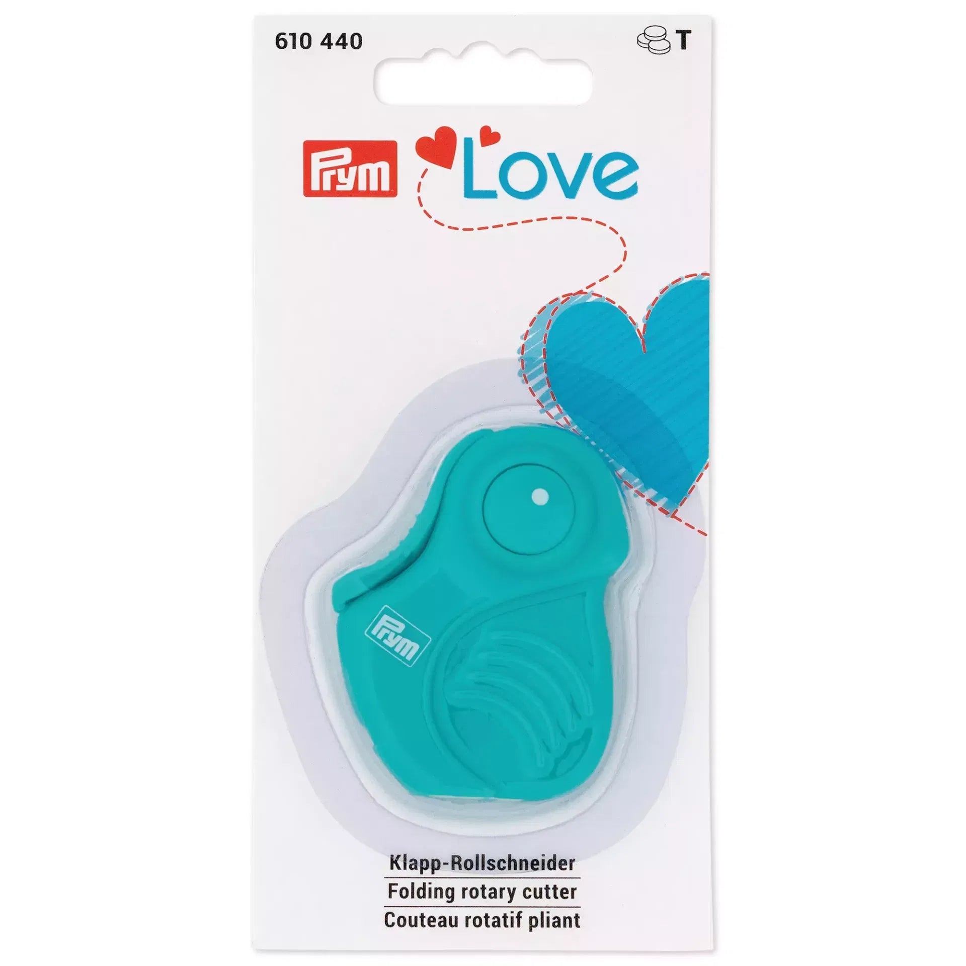 Prym Love mint folding rotary cutter in its original white and blue packaging.
