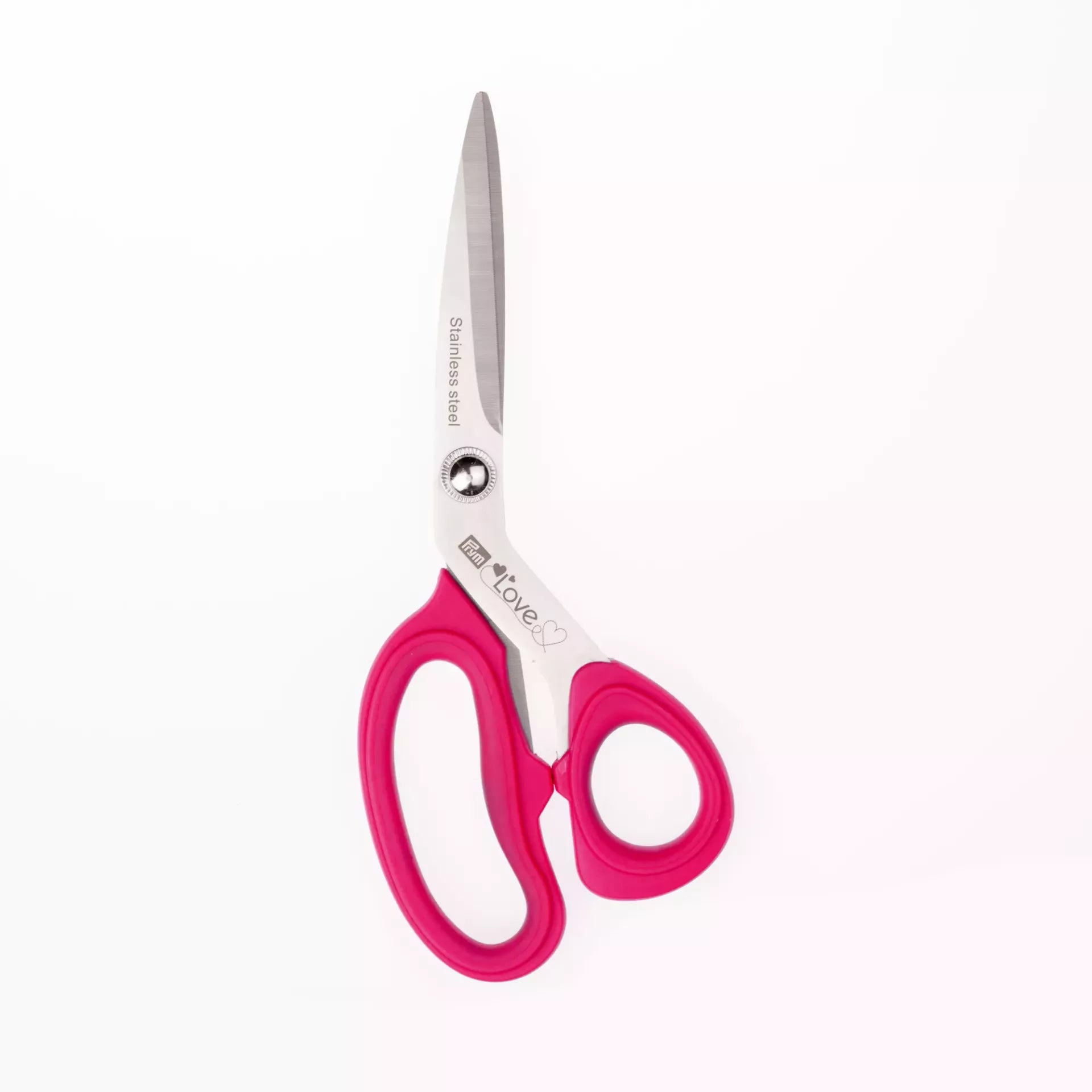 Prym Love 21cm textile scissors with pink soft-grip handles and silver micro-serrated blades.