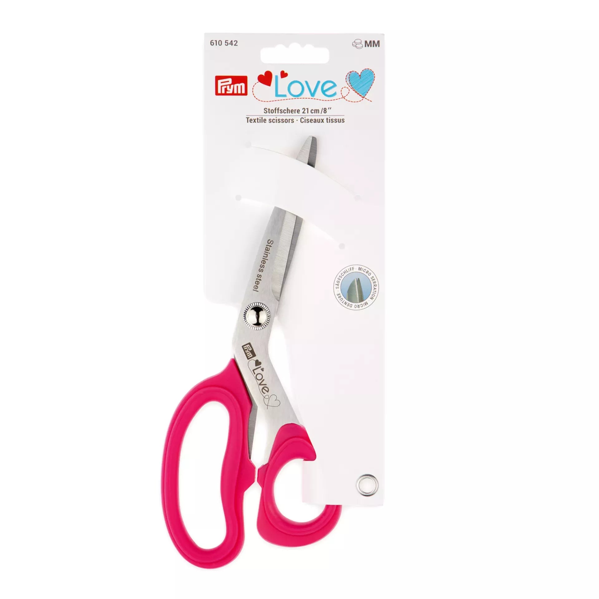 Prym Love 21cm textile scissors with pink soft-grip handles and micro-serrated stainless steel blade