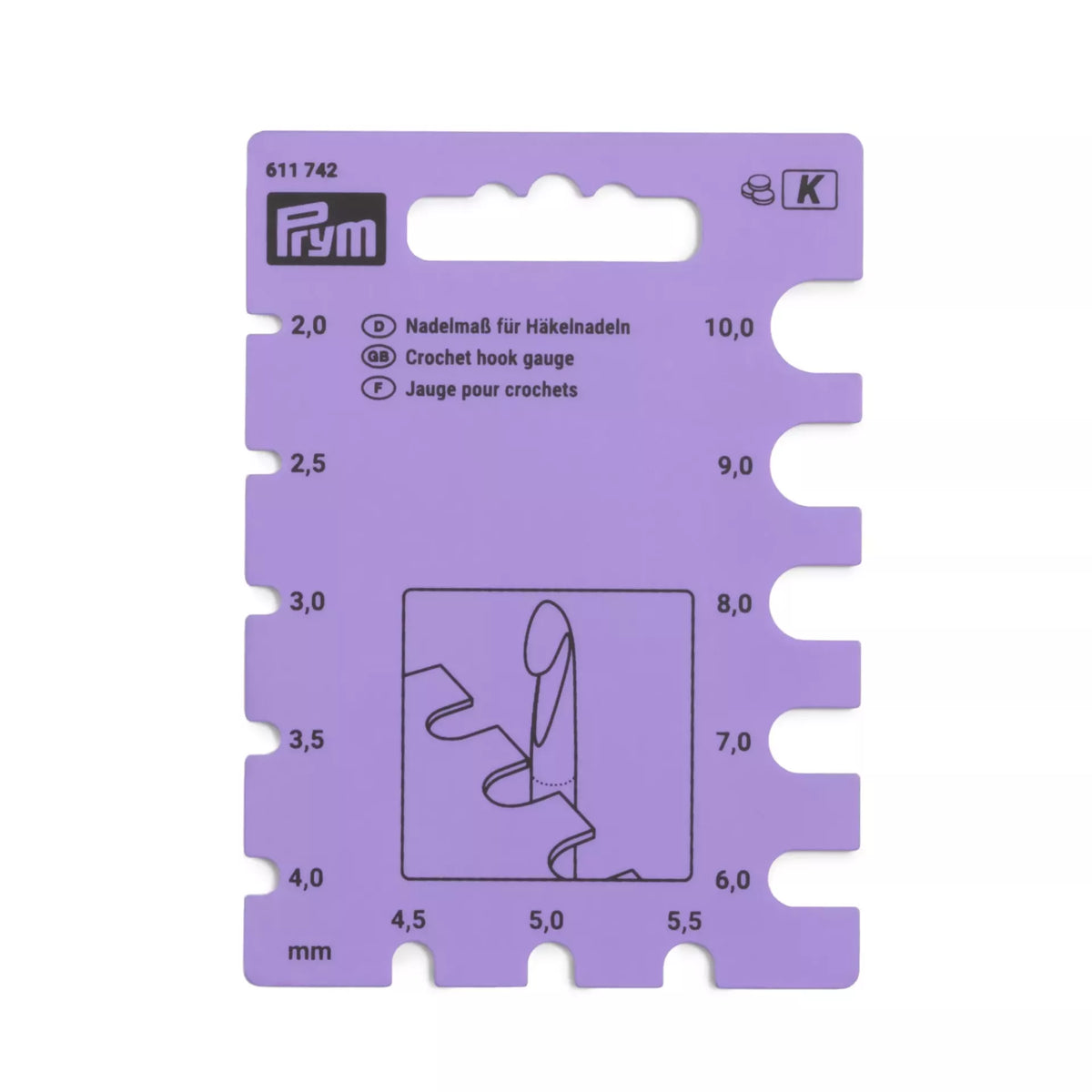 Purple Prym crochet hook gauge with 13 measuring slots ranging from 2.0 mm to 10.0 mm.