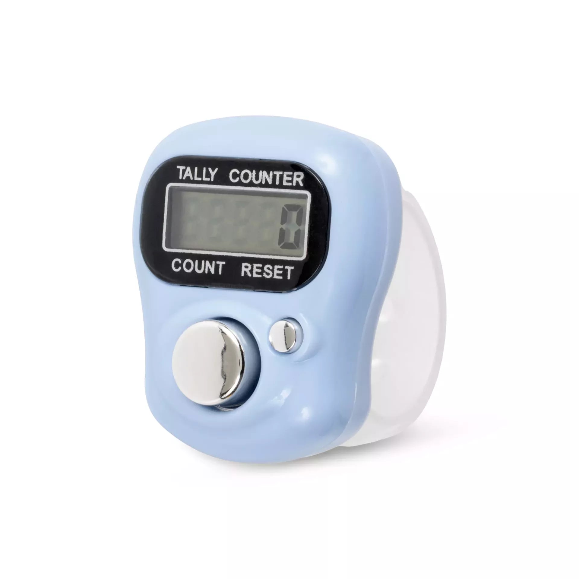 Light blue Prym digital row counter with a clear adjustable finger strap and silver buttons.