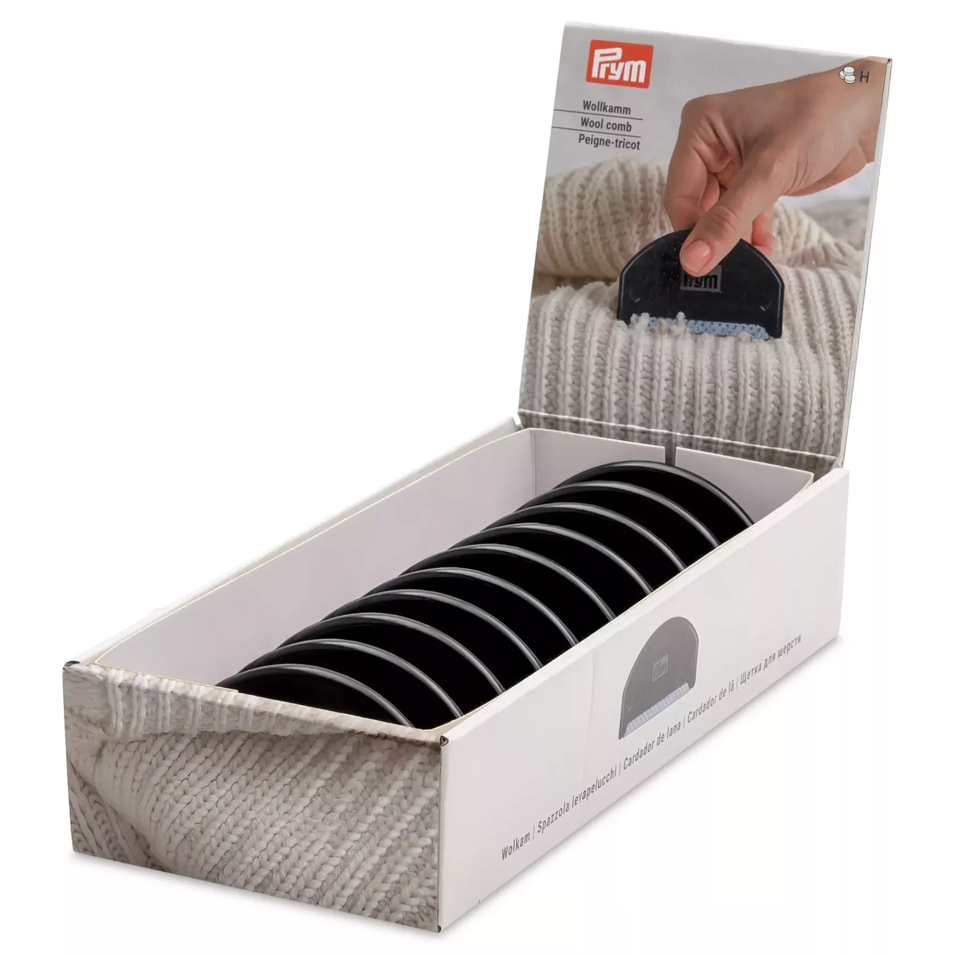 Prym black wool comb for knitwear with a metal mesh shaving head and sturdy plastic handle.