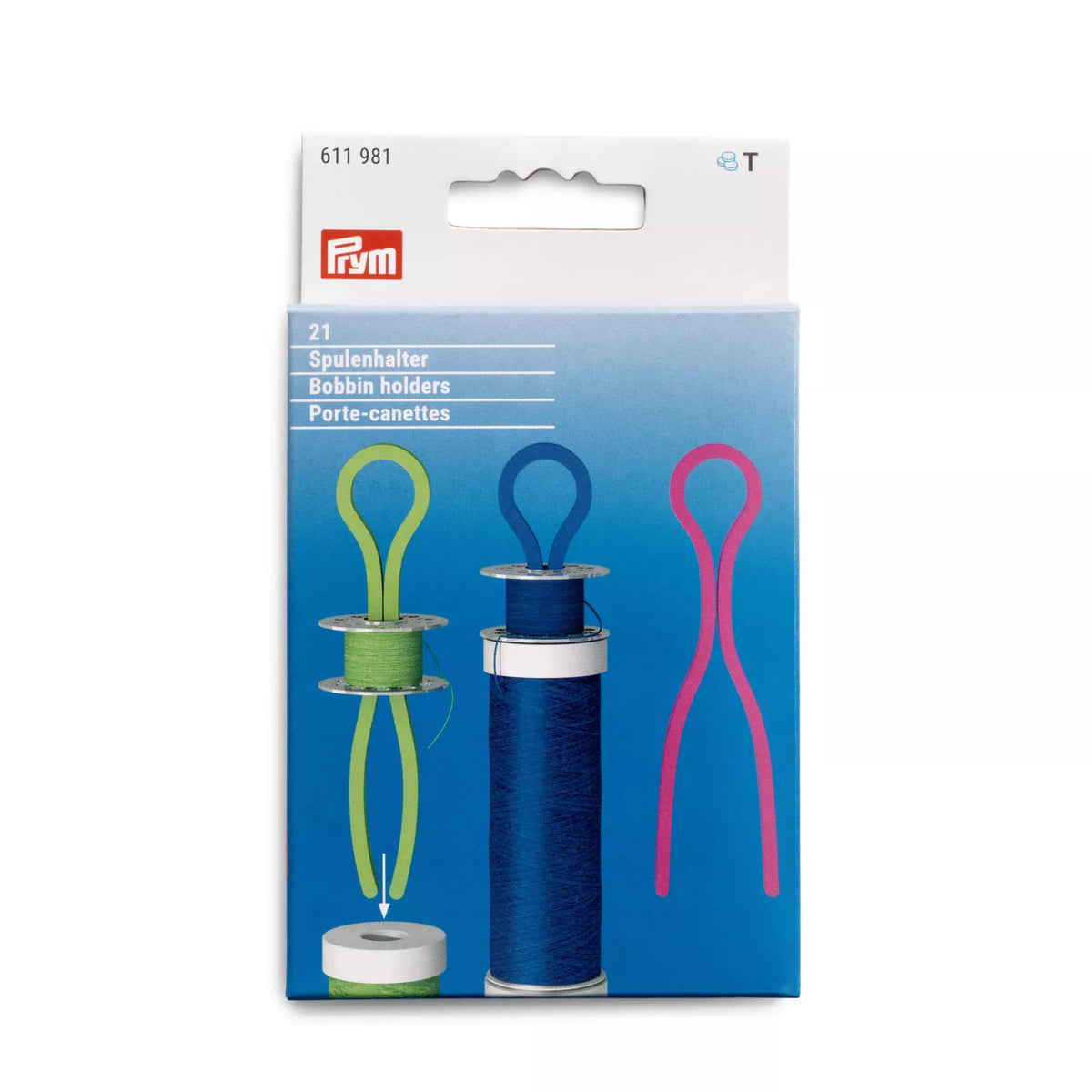 Prym pack of 21 plastic bobbin holders in assorted pink, blue, and light green colors.