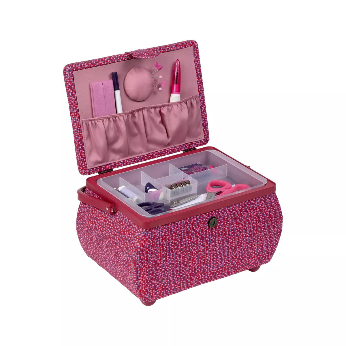 Large burgundy sewing basket with open lid, removable plastic tray, and interior pin cushion.