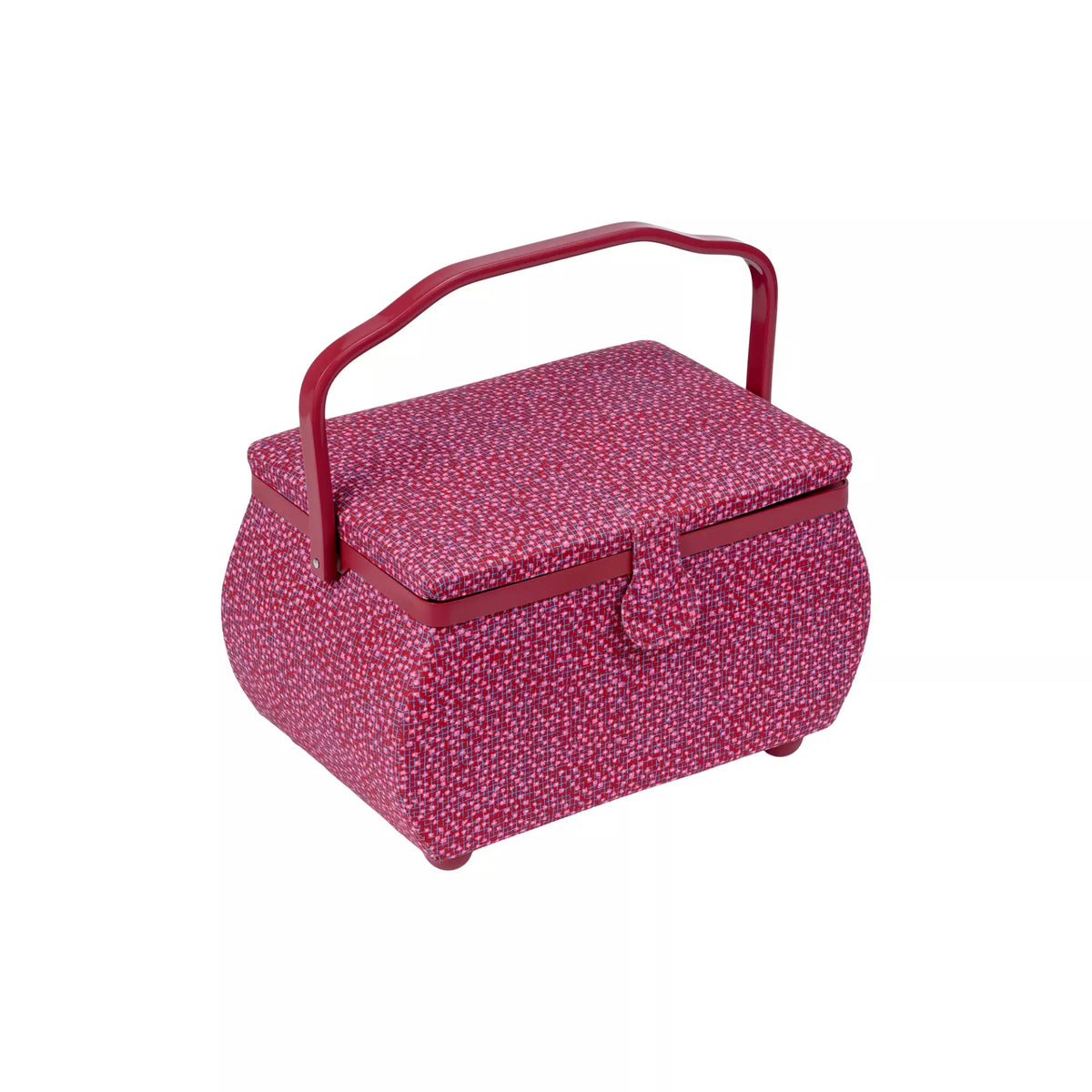 Large burgundy sewing basket with a textured pattern, curved sides, and a sturdy carrying handle.