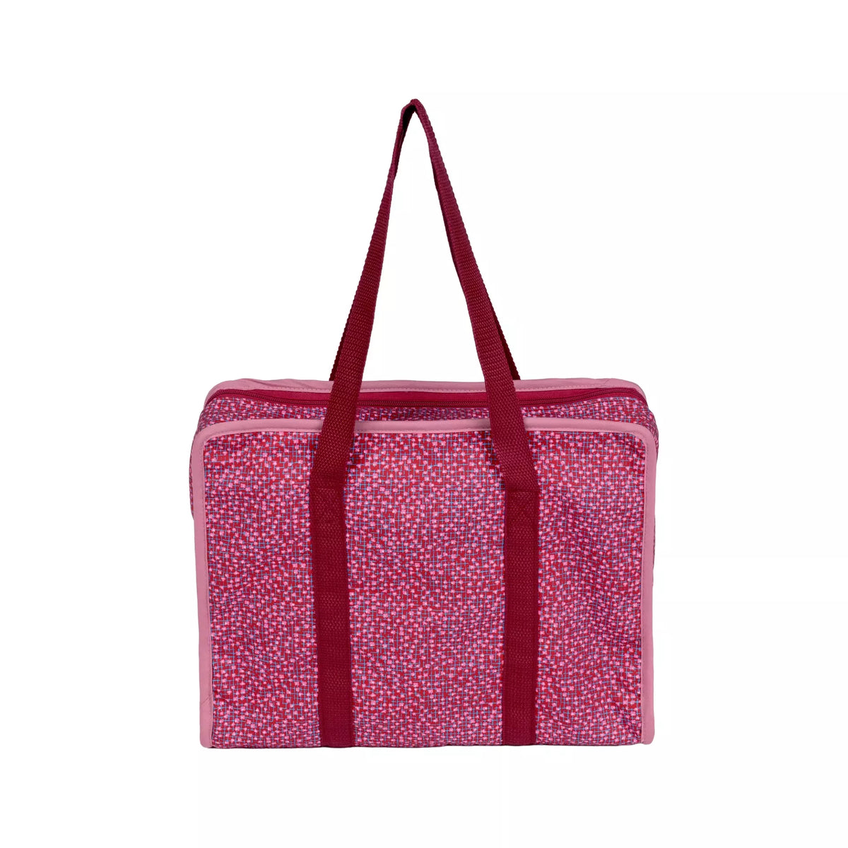 Rectangular burgundy and old rose patterned all-in-one needlework bag with sturdy shoulder straps.