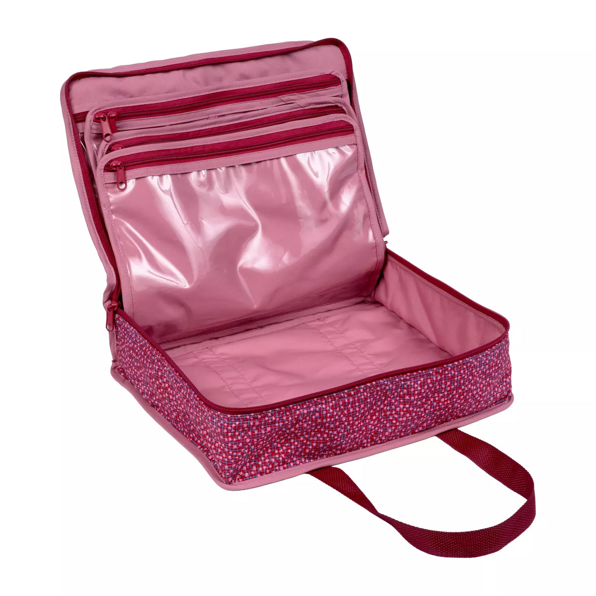 Open burgundy and old rose needlework bag with 8 transparent inner pockets and shoulder straps.