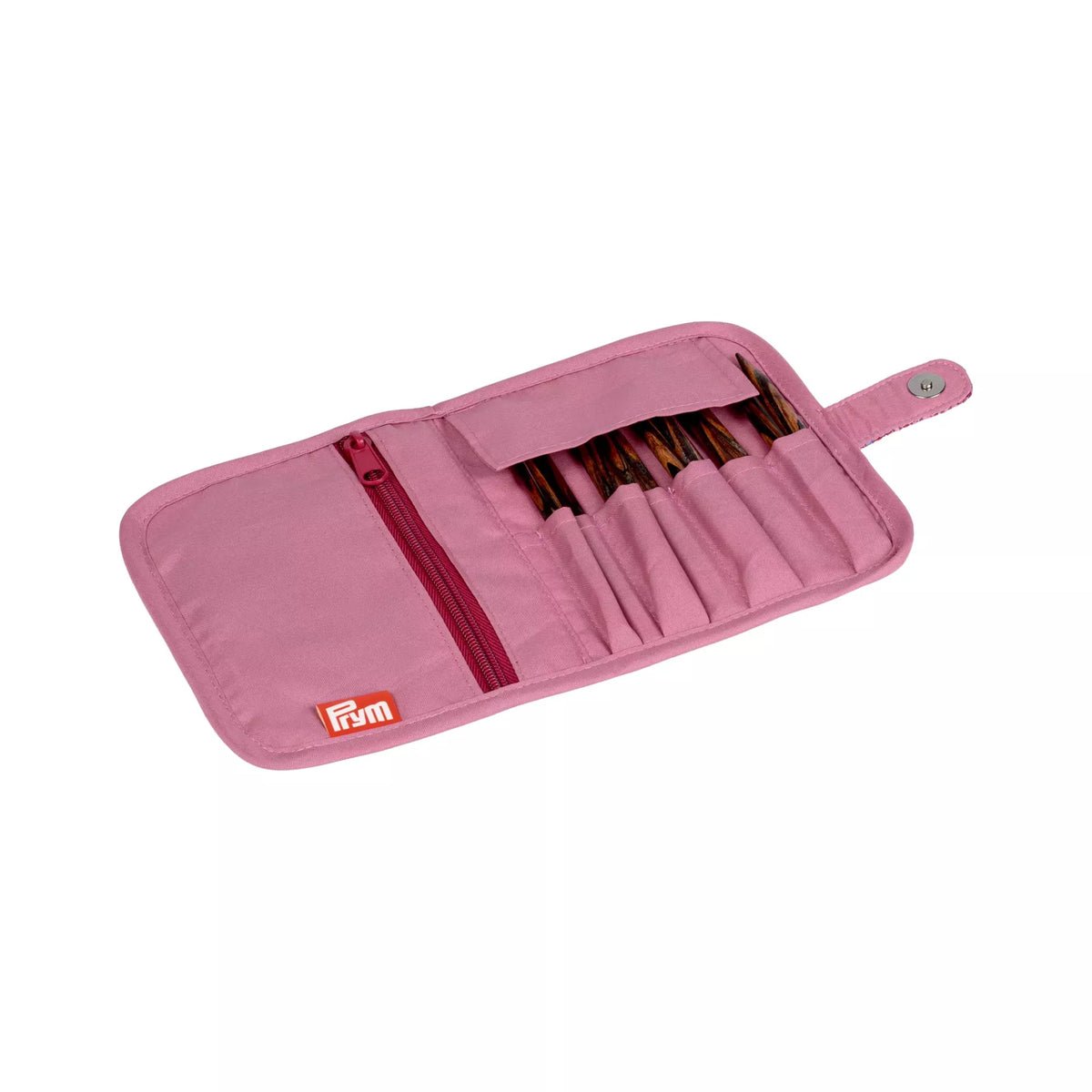 Open old rose pouch for knitting needle points with 8 compartments and a zipped pocket.