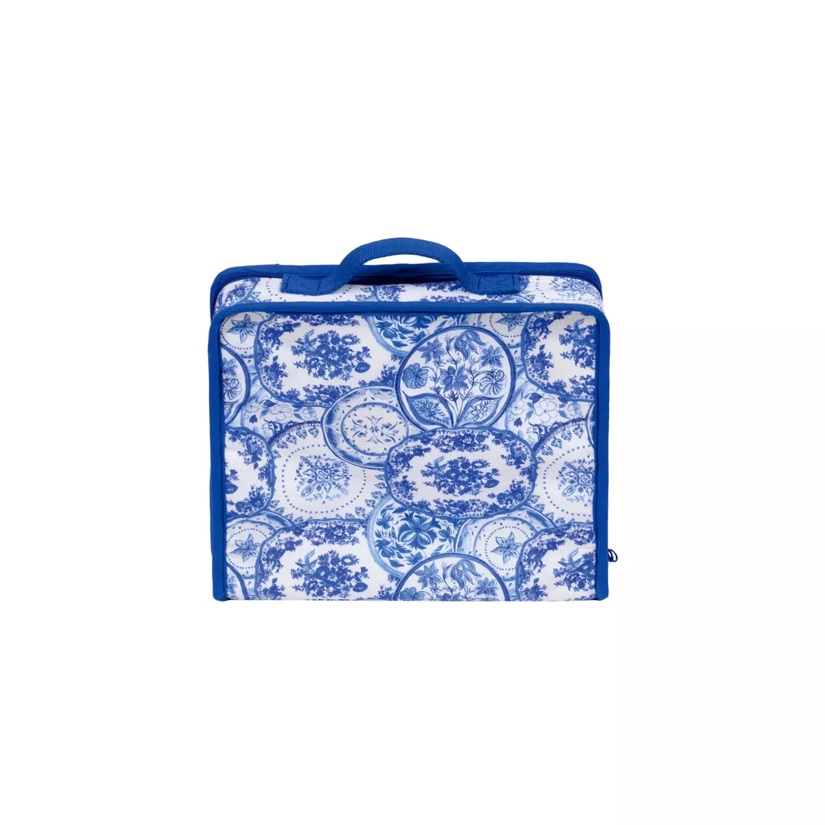 Square blue and white Delft Blue style craft bag with a top handle and zipper closure.