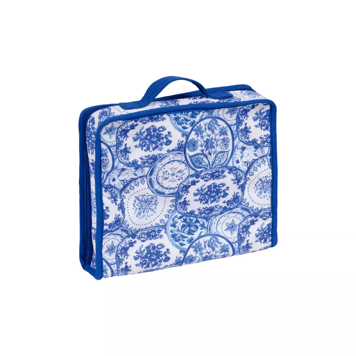 Square blue and white Delft Blue style craft bag with a top handle and zipper closure.