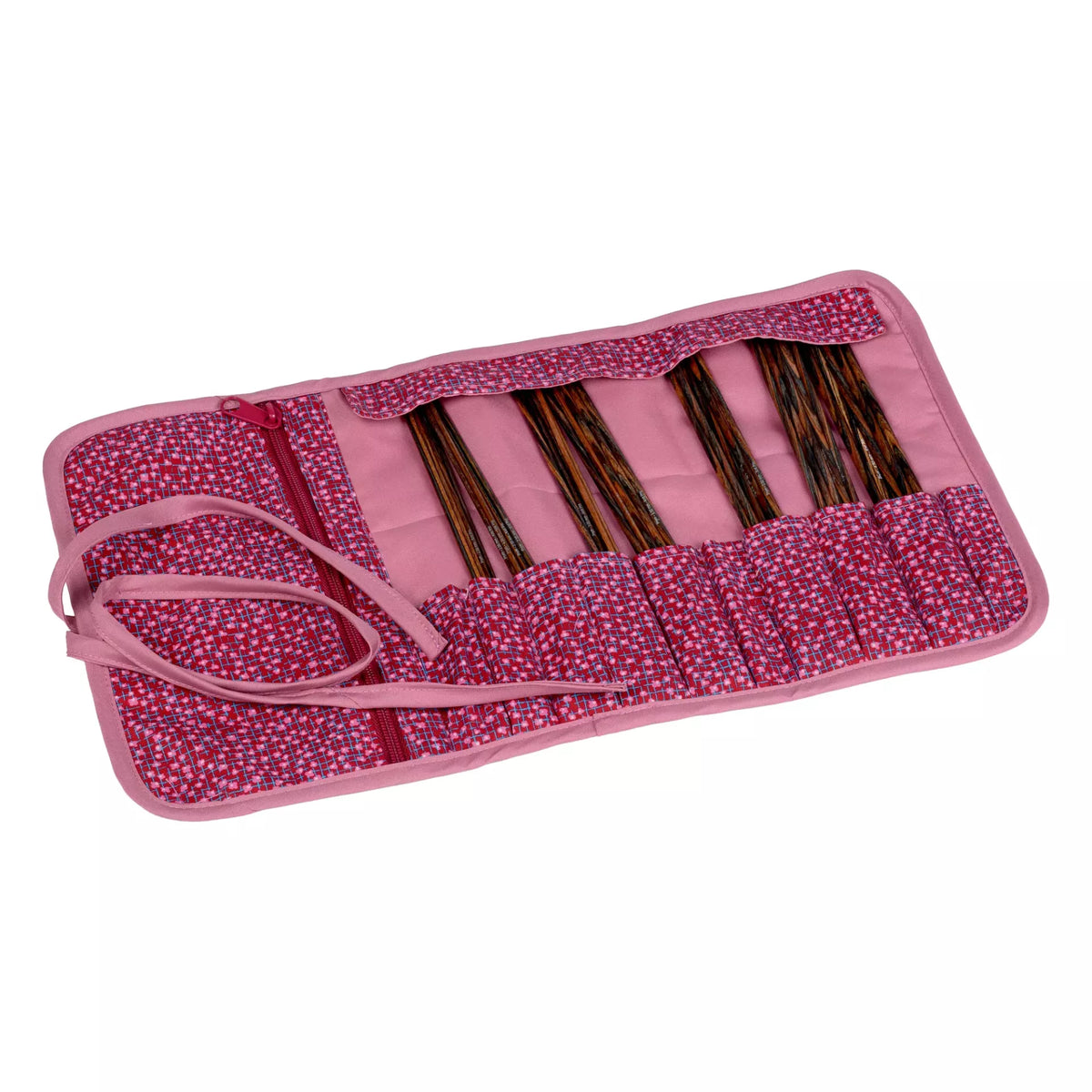 Open burgundy and old rose patterned cotton needle case with ten slots and a zip pocket.
