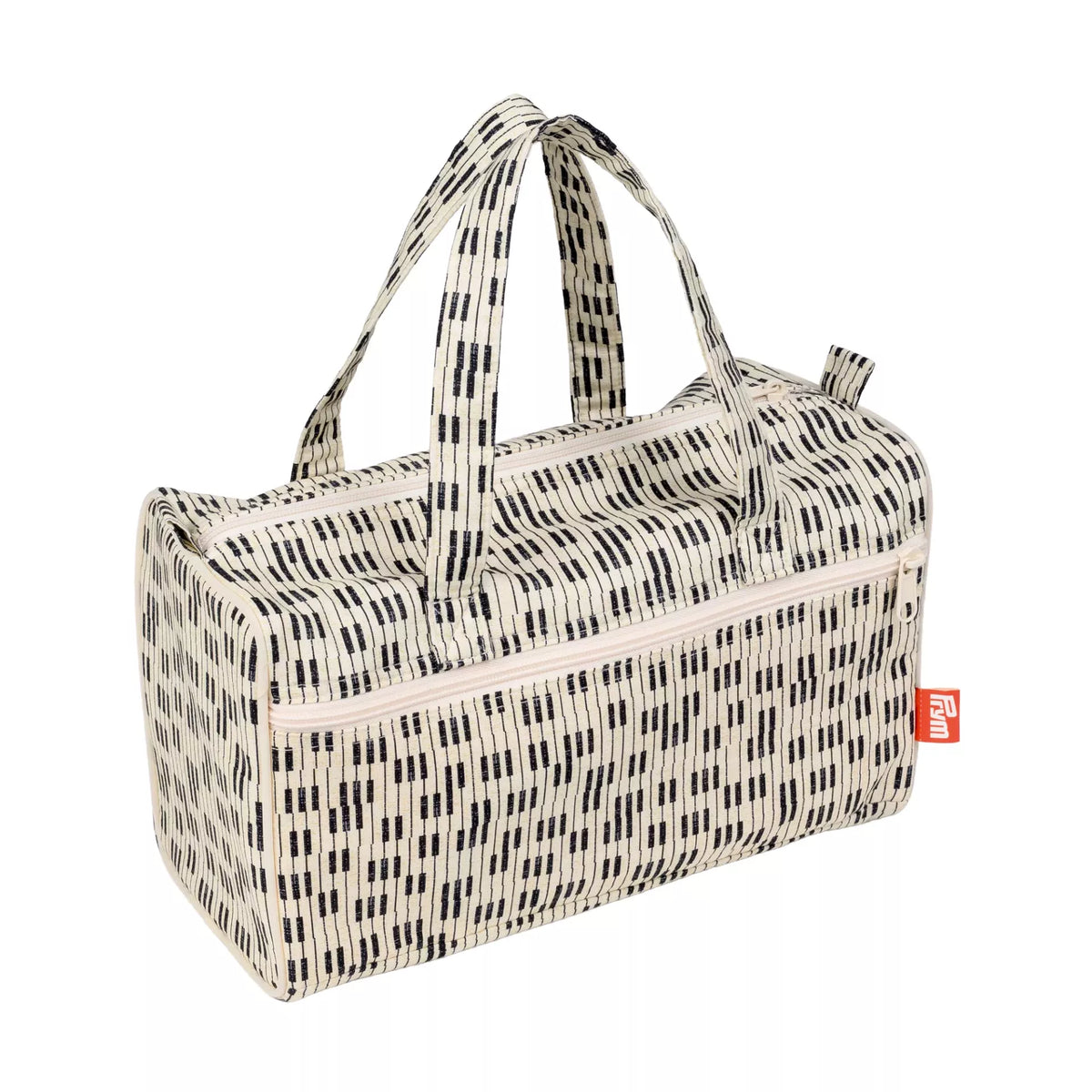 Prym Piano project bag in cream and black with a geometric pattern and two handles.