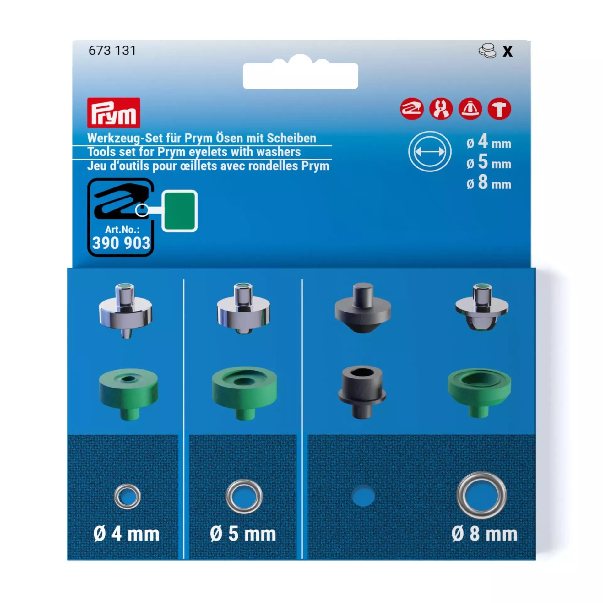 Prym Eyelet Tools Set for 4, 5, and 8 mm washers, compatible with Vario Creative Tool.