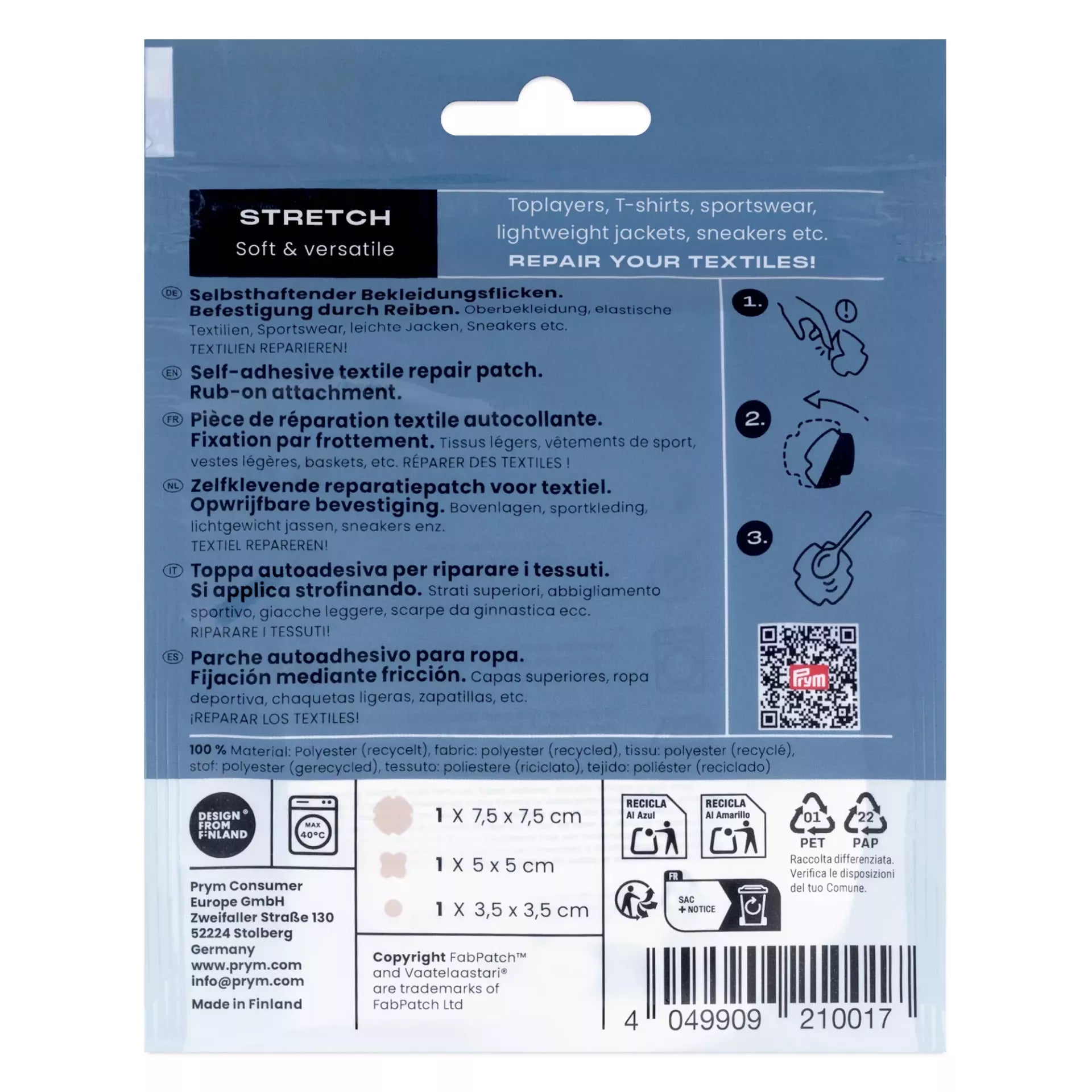 Back of a Prym Rub-on Stretch Patch package with instructions and three recycled polyester patches.