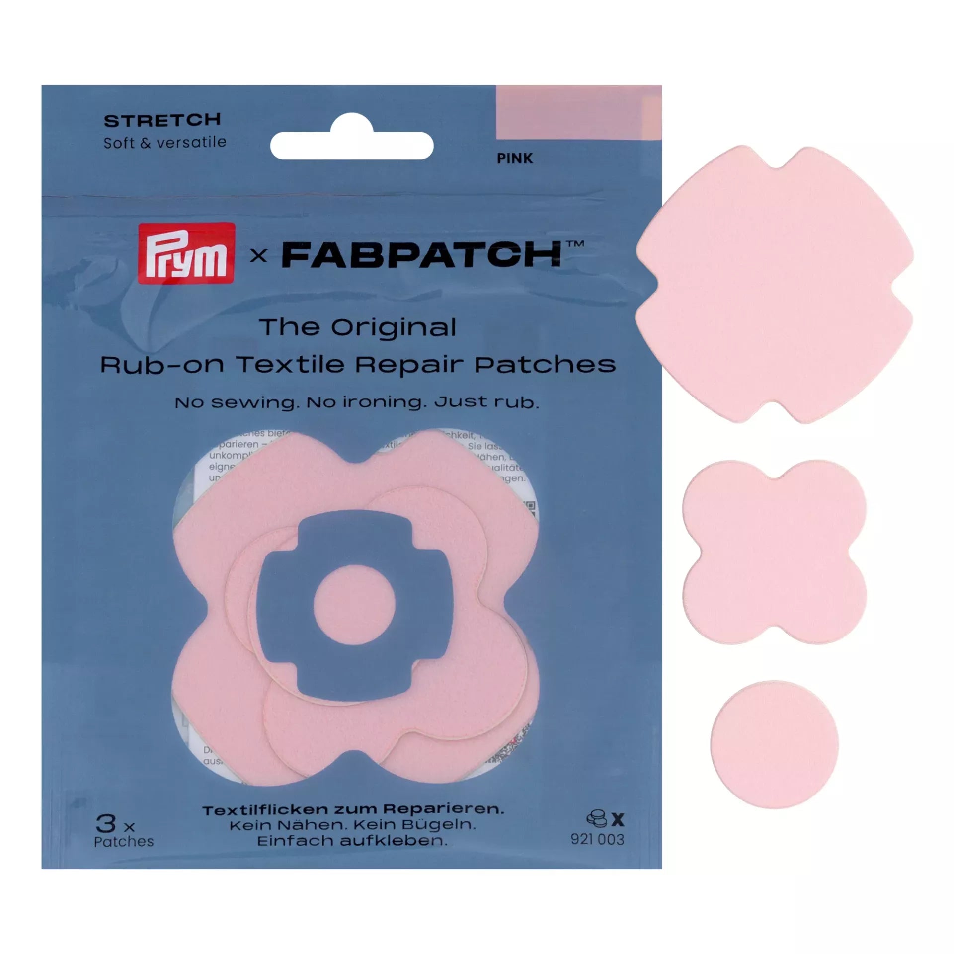 Prym Rub-on Stretch Patches in pink, featuring three self-adhesive recycled polyester shapes.
