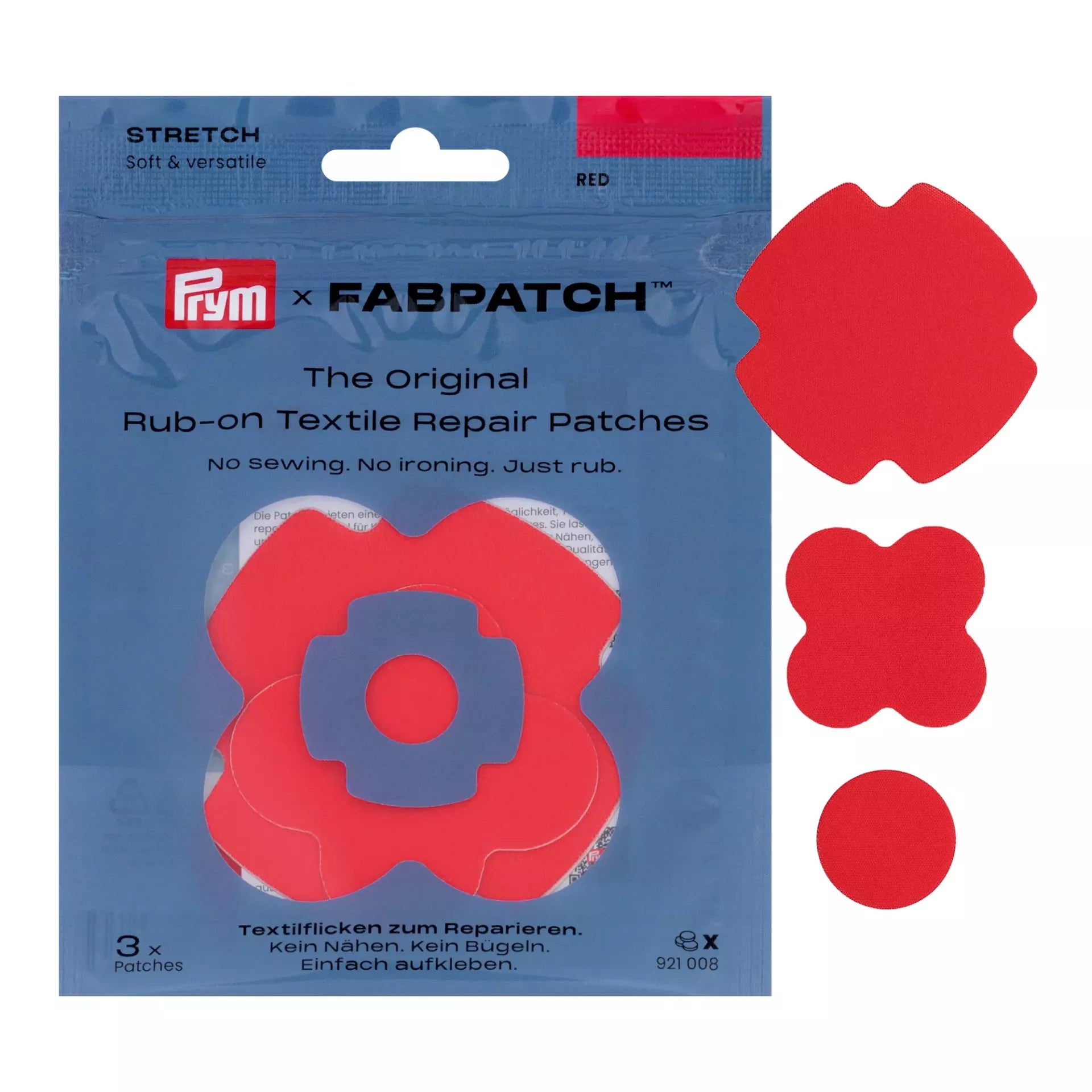 Prym Rub-on Stretch Patch set in red with three self-adhesive recycled polyester patches.