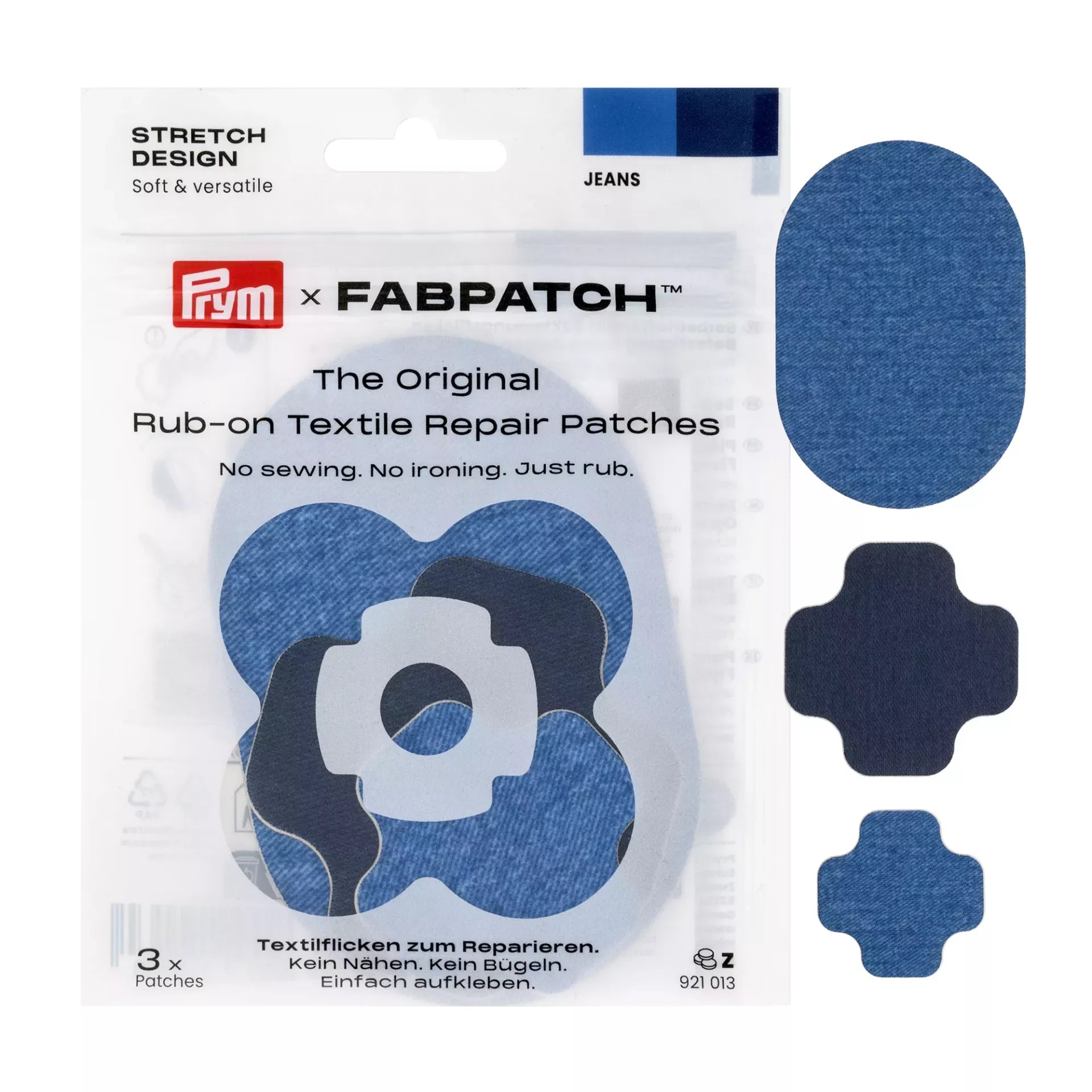 Prym Rub-on Stretch Patches in three sizes and blue denim shades for textile repair.