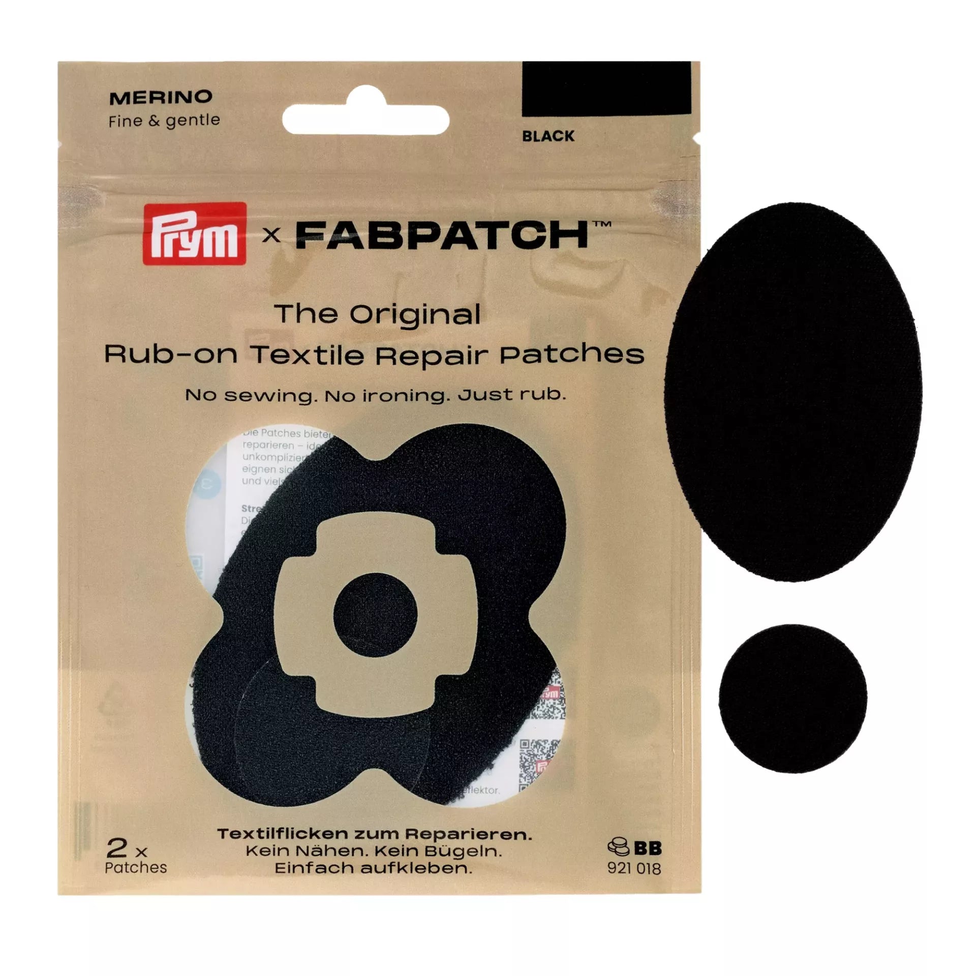 Prym Merino Wool Rub-on Patches in black, featuring one oval and one round self-adhesive patch.