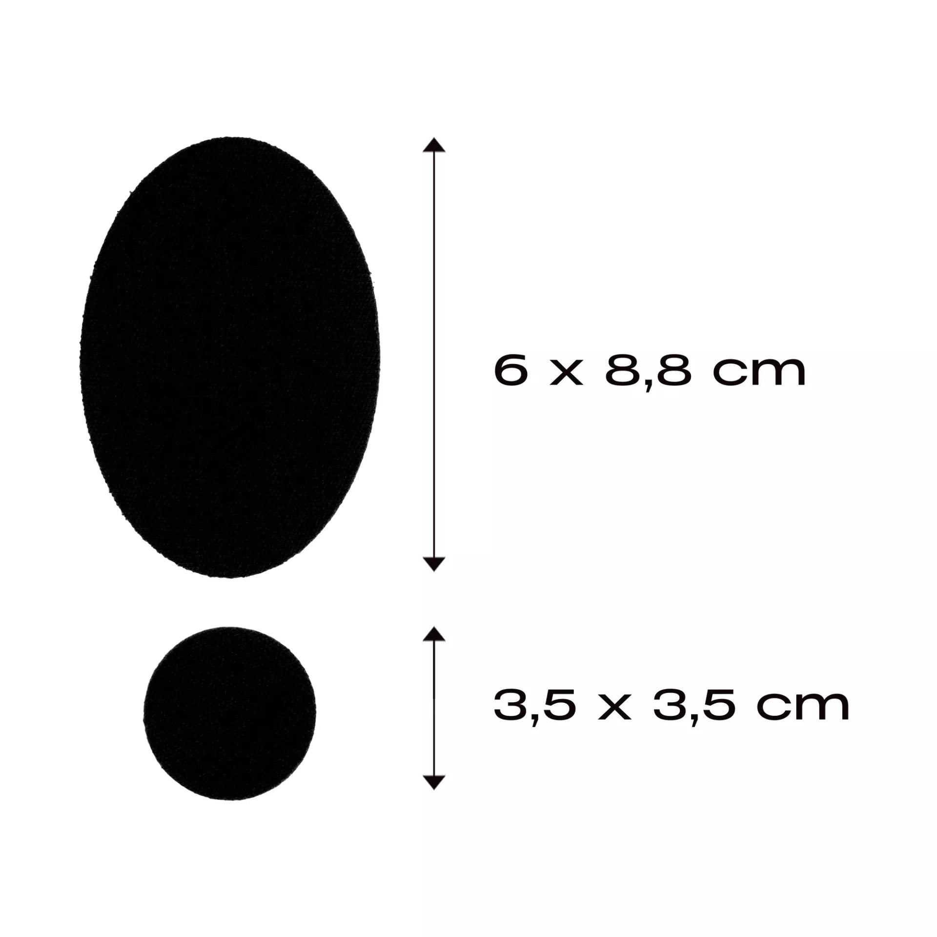 Black oval and round self-adhesive merino wool patches with dimensions shown in centimeters.