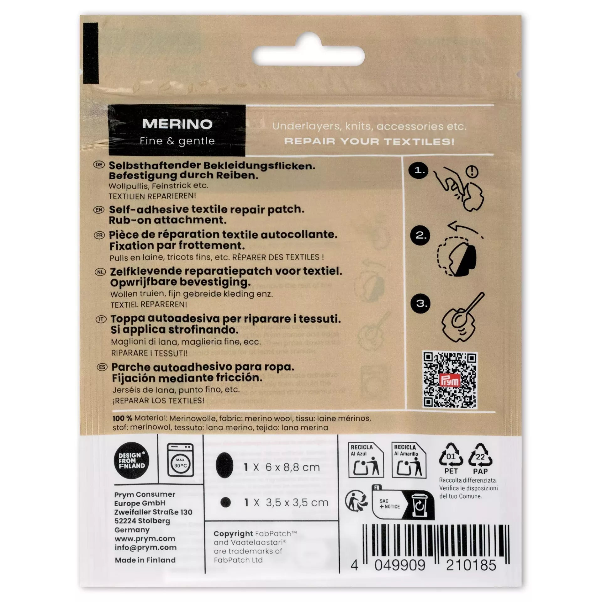 Back of packaging for Prym Merino Wool self-adhesive repair patches with instructions and details.