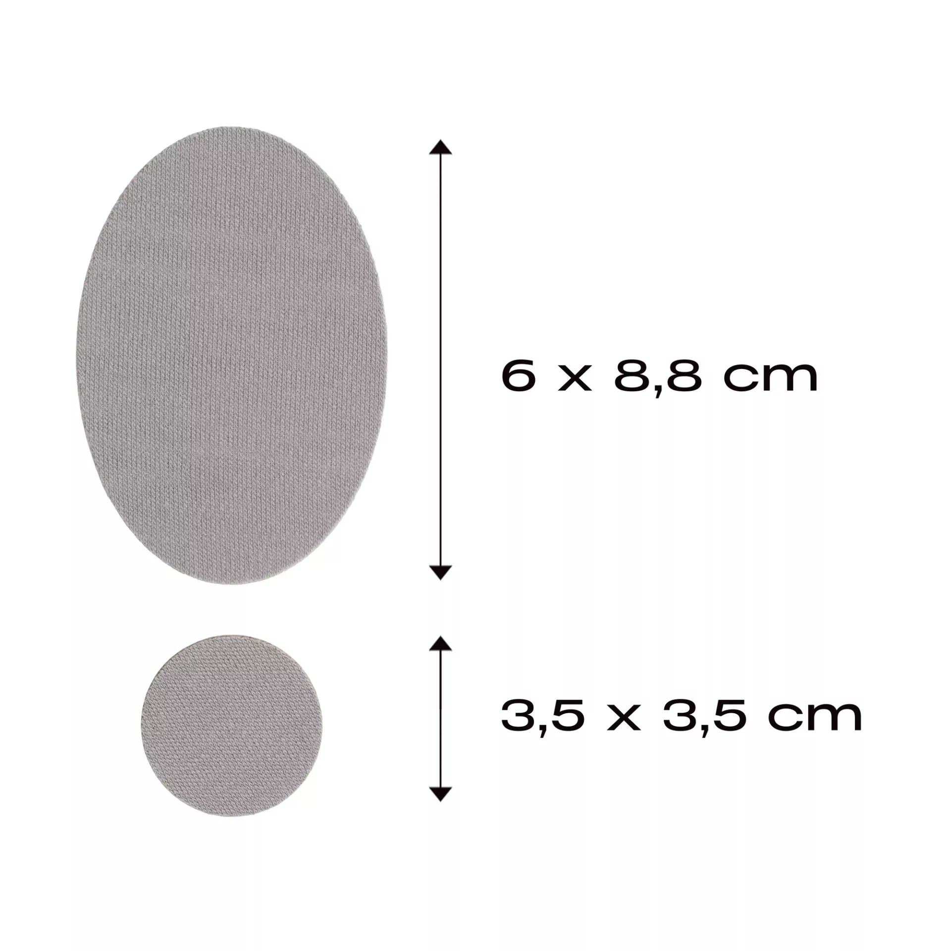 Two grey self-adhesive merino wool patches in oval and round shapes with dimensions shown.