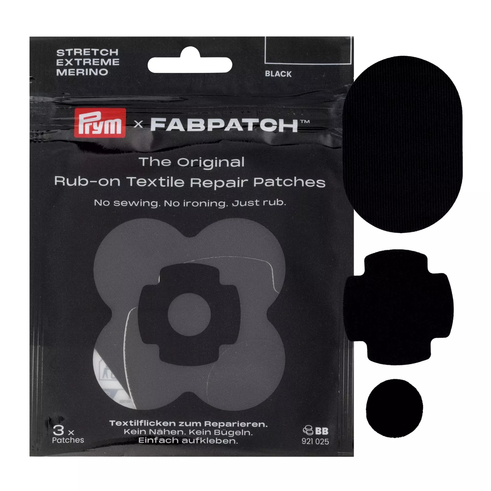 Prym x Fabpatch black stretch merino rub-on textile repair kit with three different shaped patches.