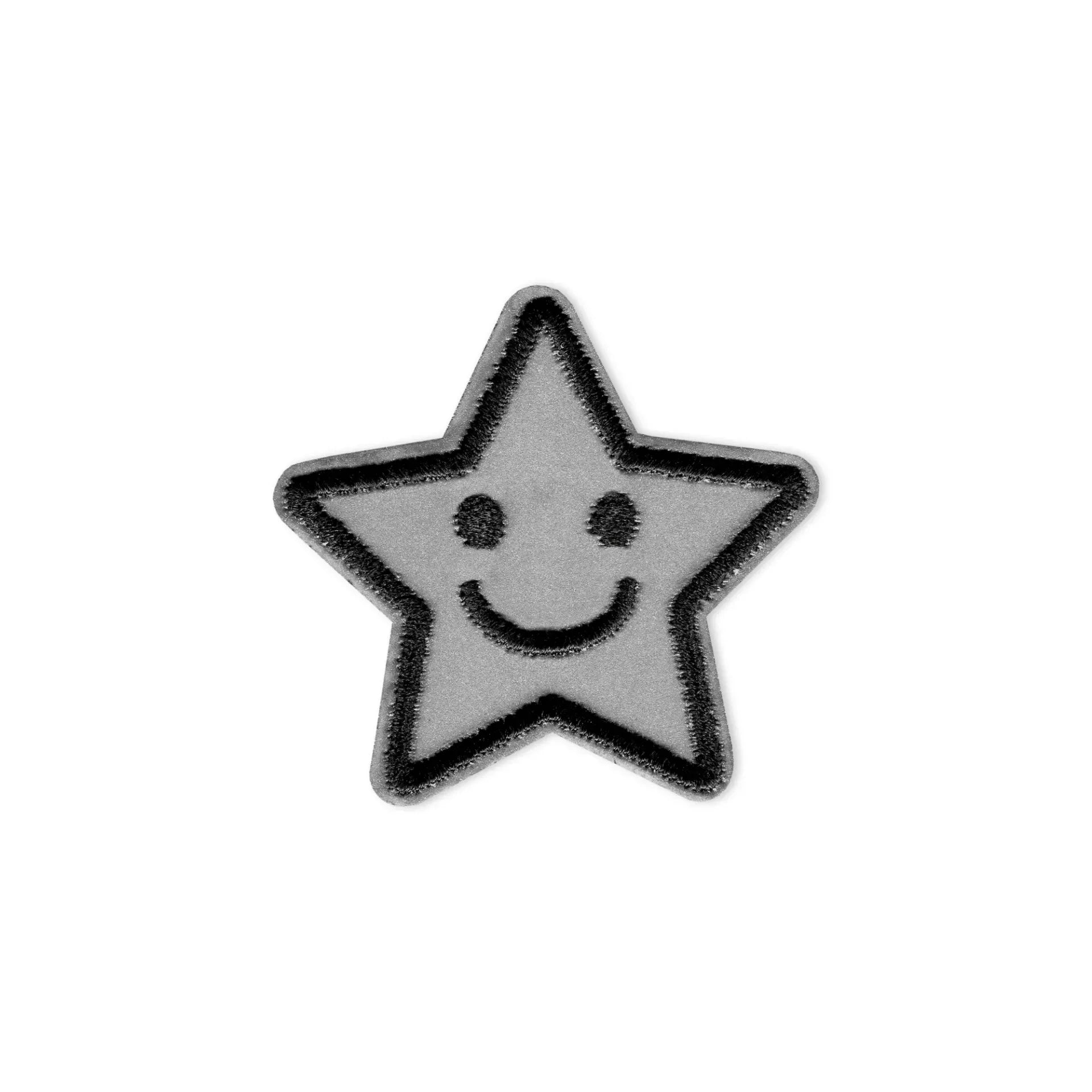 A silver reflective star-shaped applique with a black embroidered smiley face and border.