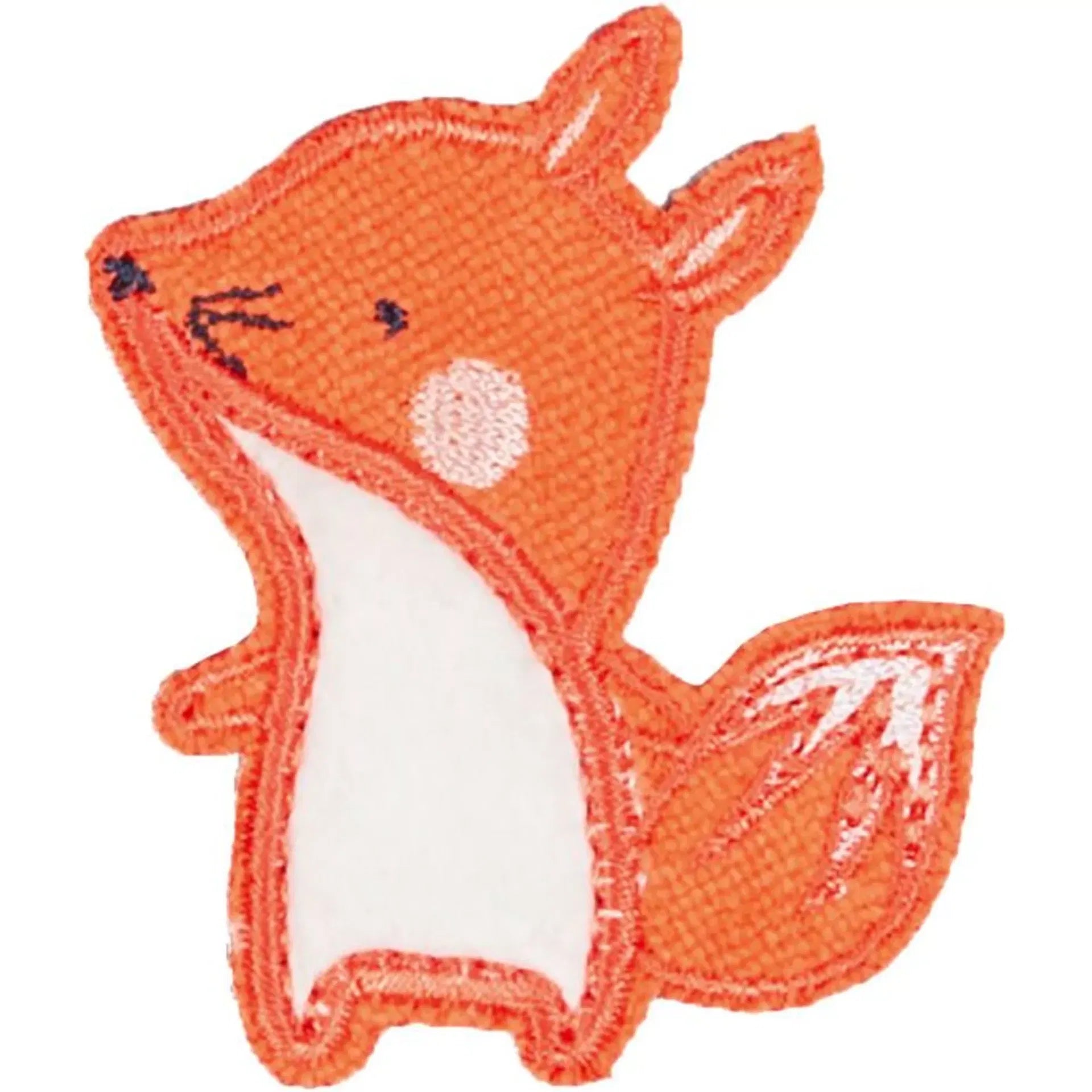 Embroidered iron-on patch of a cute orange and white fox with a bushy tail.