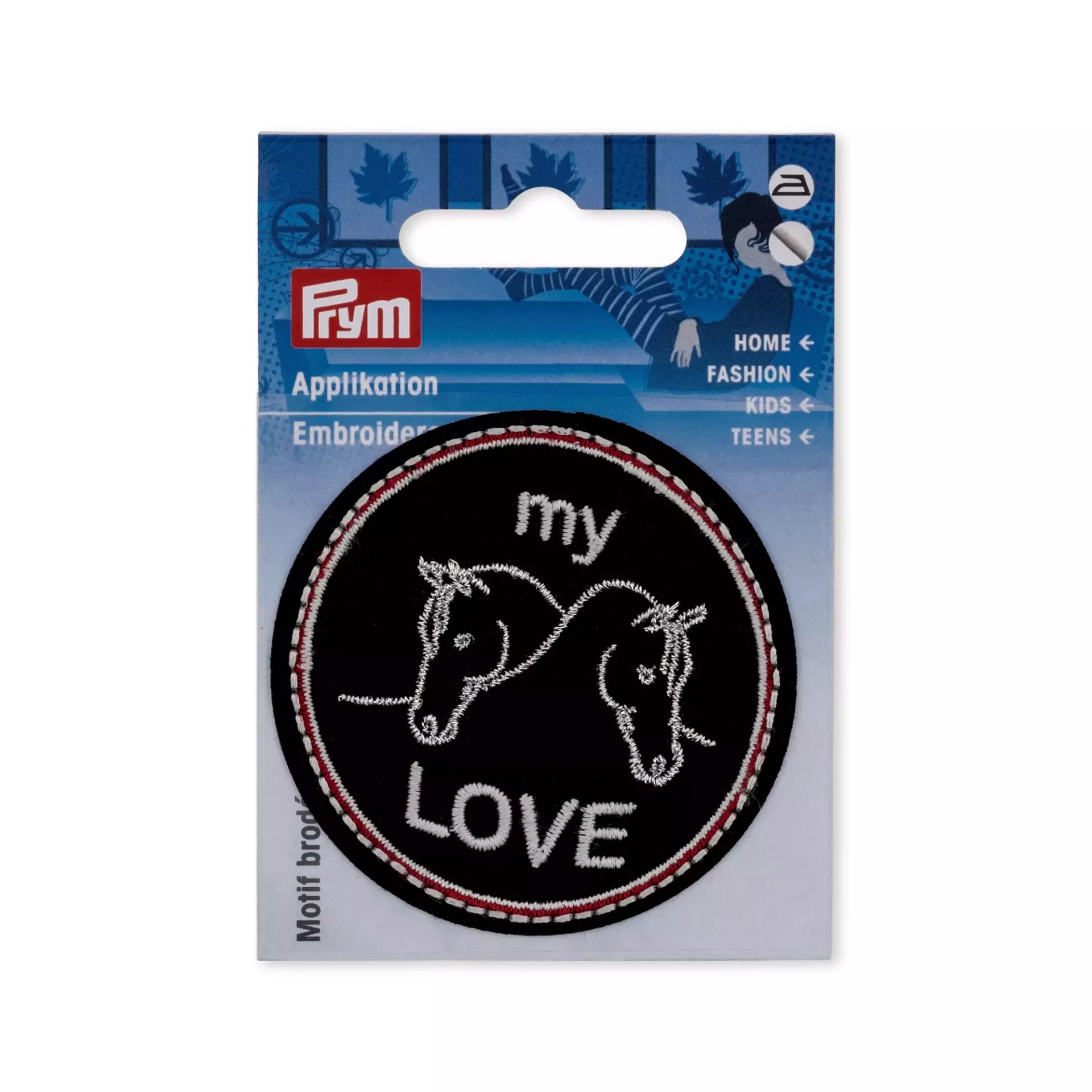 A circular black iron-on patch featuring two white embroidered horse heads and the text my LOVE.