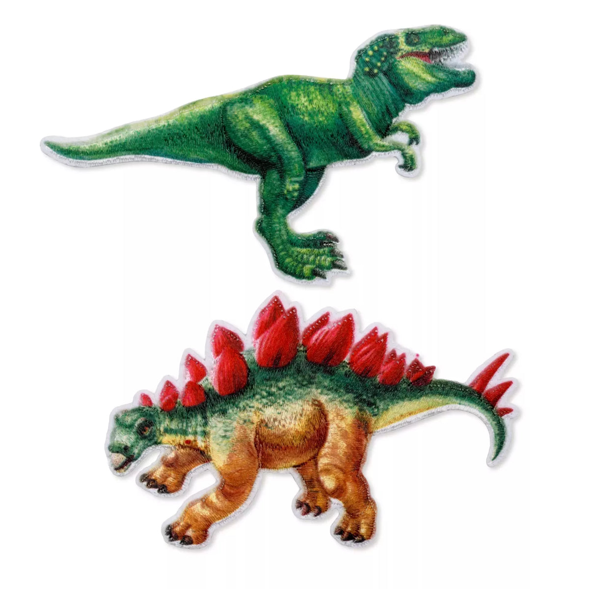 Two embroidered dinosaur iron-on patches: a green T-Rex and a green and orange Stegosaurus.