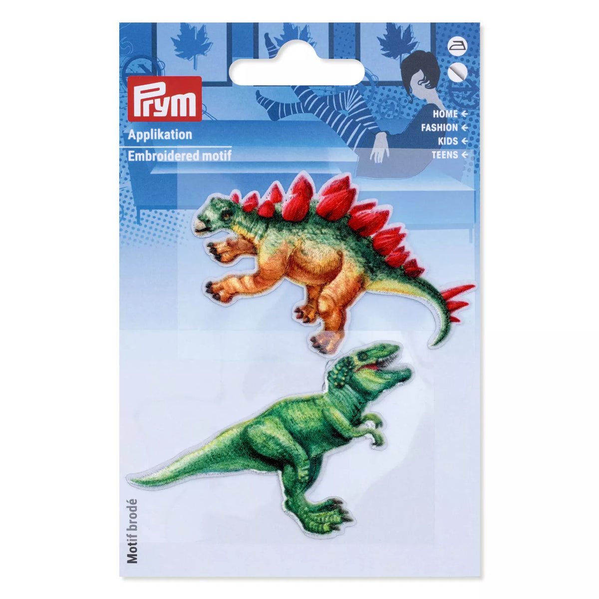 Two embroidered dinosaur iron-on patches, a red and green Stegosaurus and a green T-Rex.