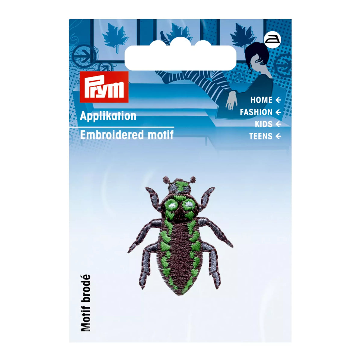 Prym iron-on embroidered cockroach motif in brown and green, 35mm x 30mm on retail packaging.