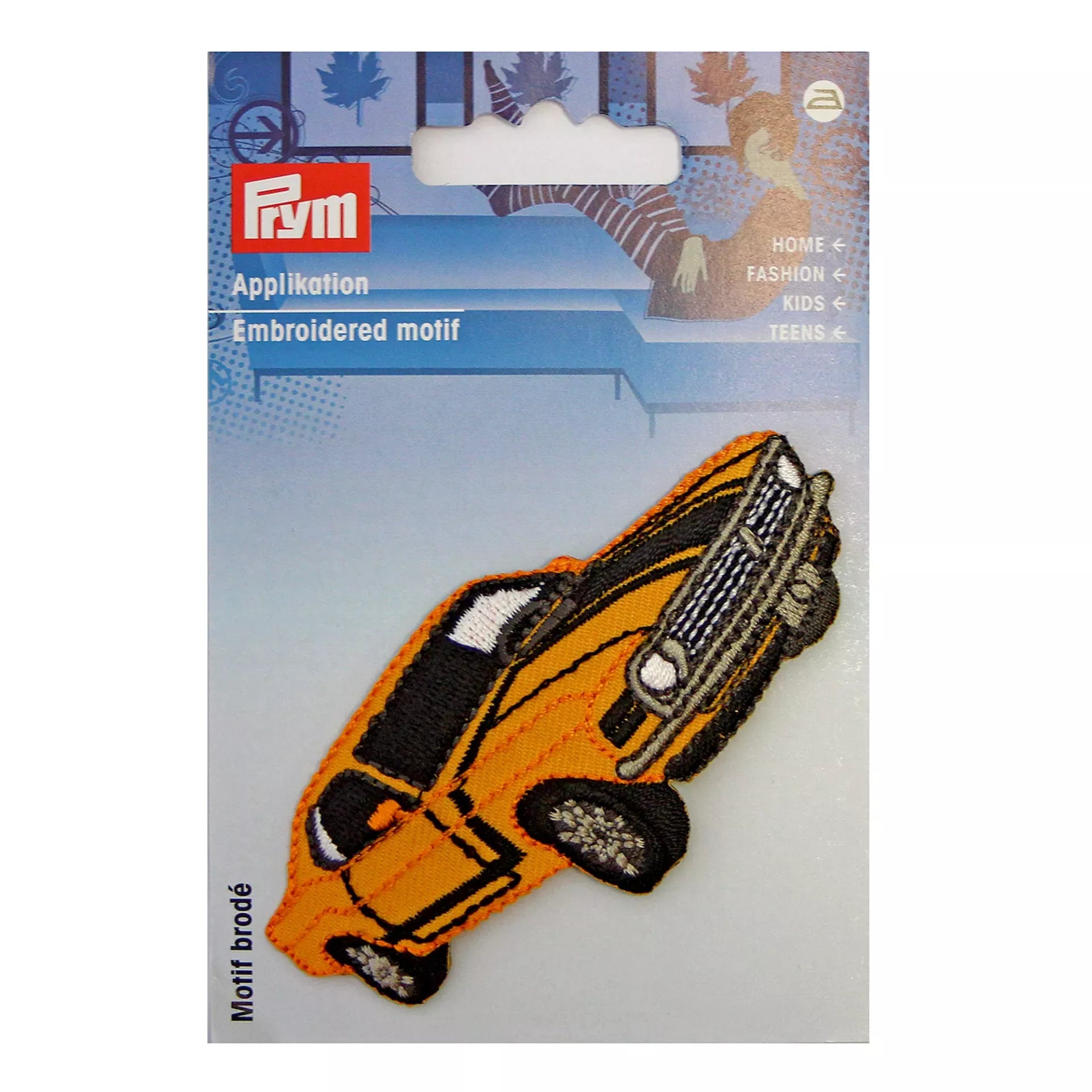 Prym embroidered iron-on appliqué of a yellow antique car on its original retail card packaging.