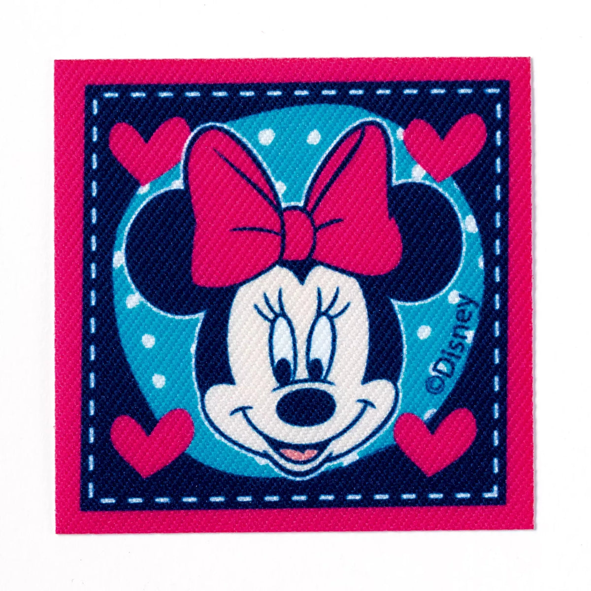 Square iron-on Minnie Mouse appliqué with pink hearts and a blue polka dot background.