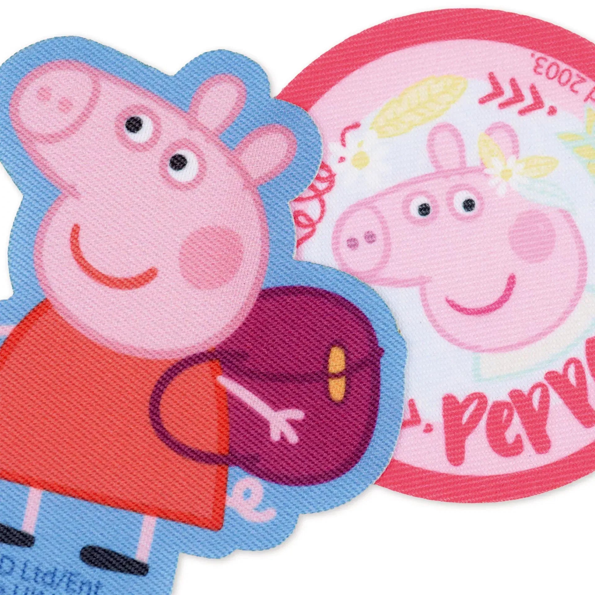 Prym iron-on appliqués featuring a multicoloured Peppa Pig print.